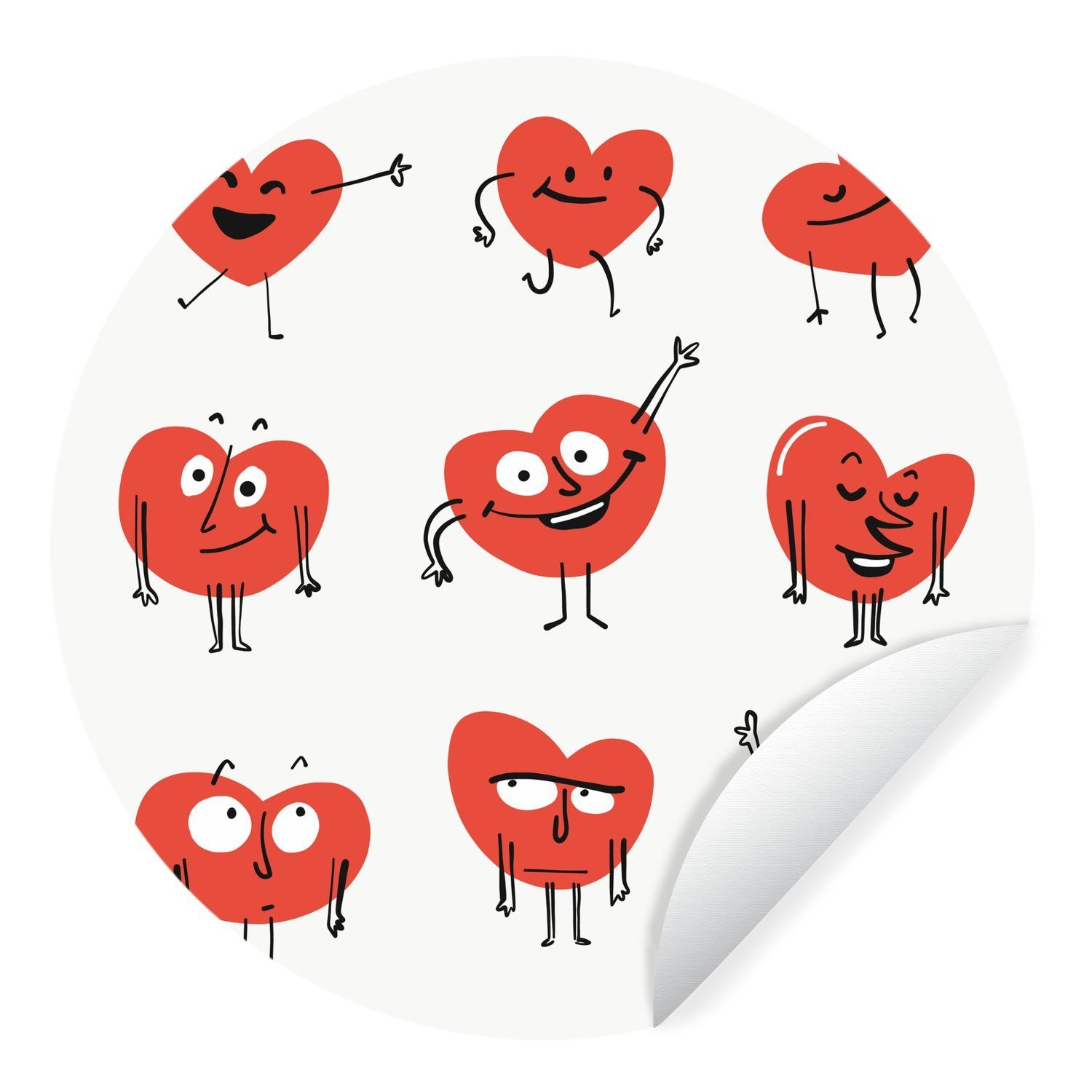 MuchoWow Wandsticker Eine Illustration von neun Herzen mit Emotionen (1 St), Tapetenkreis für Kinderzimmer, Tapetenaufkleber, Rund, Wohnzimmer | Wandtattoos