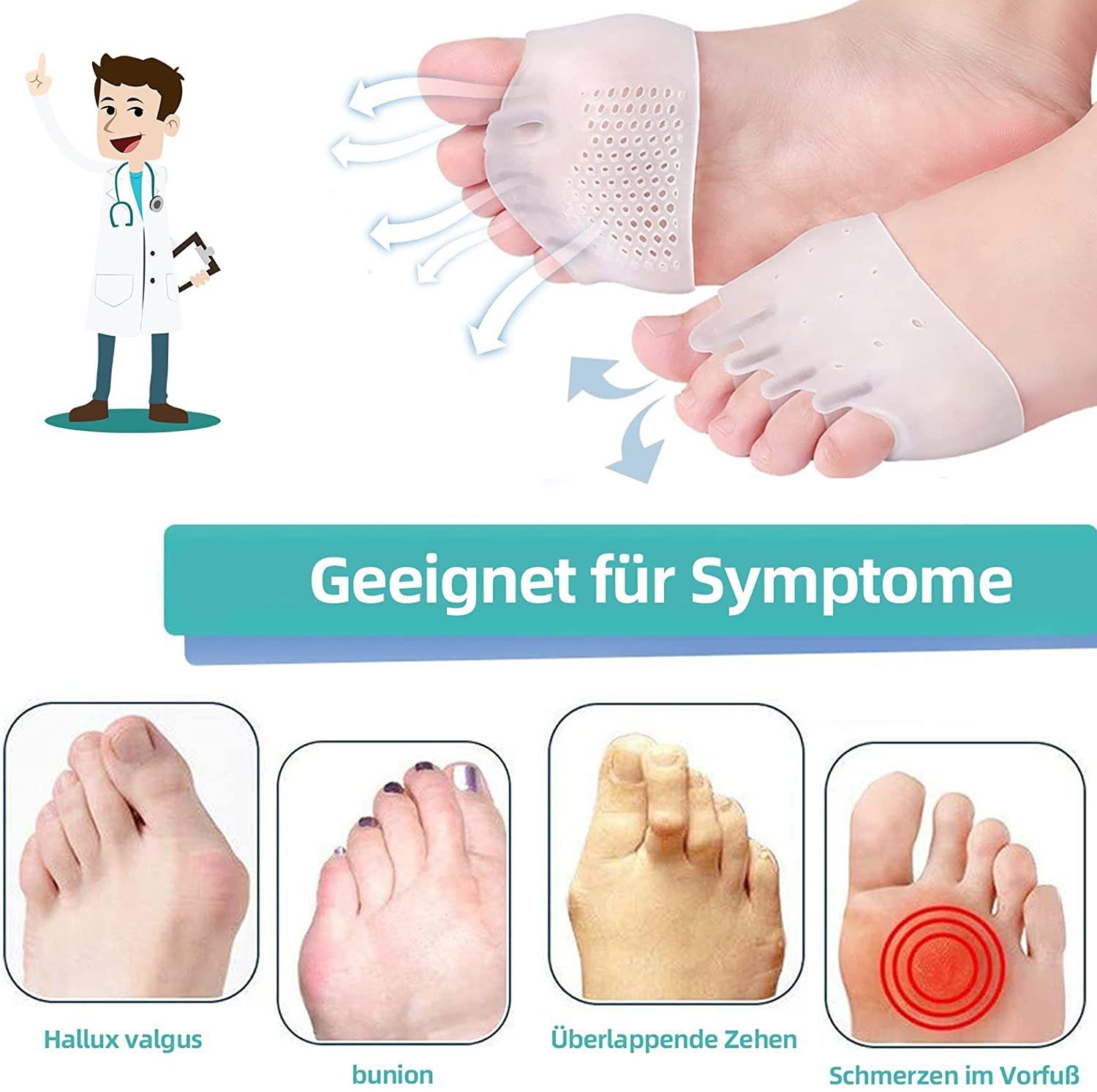 COOL-i ® Fußpolster Vorfußpolster aus Silikon – 4 Stück – Weich & Rutschfest, Ballenschutz für Damen & Herren