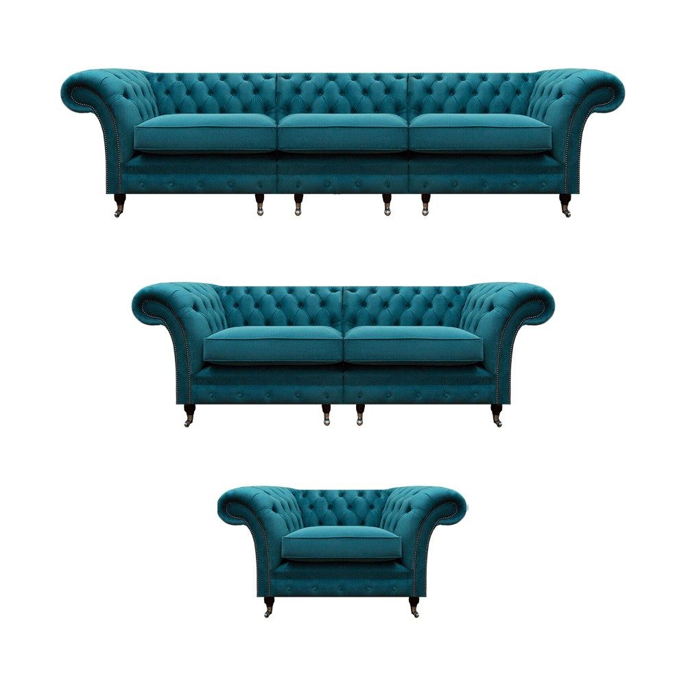 JVmoebel Chesterfield-Sofa Luxus Sofa Set aus hochwertigem Samt in elegantem Grau, 3 Teile, Made in Europa
