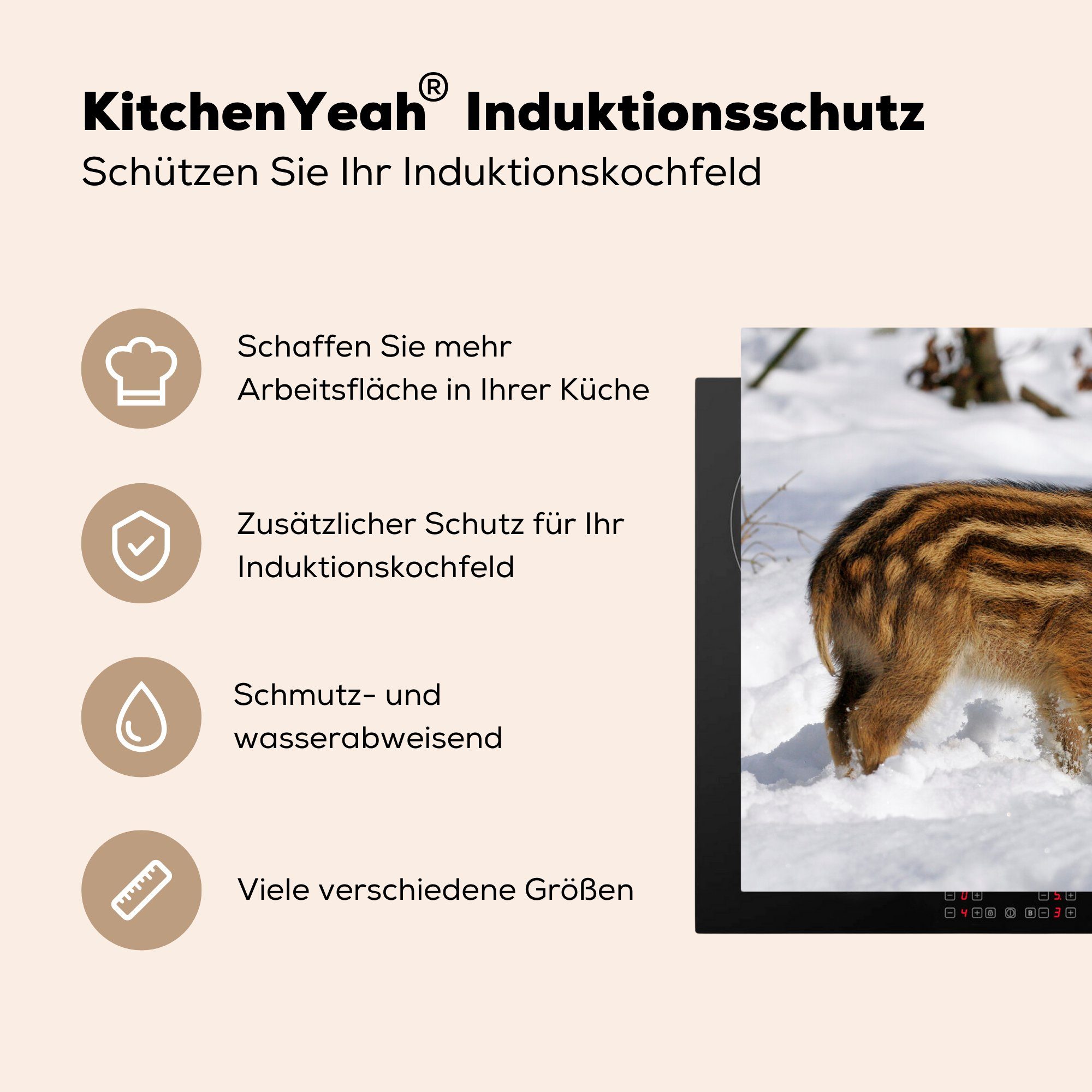 Schutz - Wildschwein Vinyl, Ceranfeldabdeckung küche, (1 MuchoWow die cm, Induktionskochfeld tlg), für Herdblende-/Abdeckplatte 81x52 Schnee, - Tier
