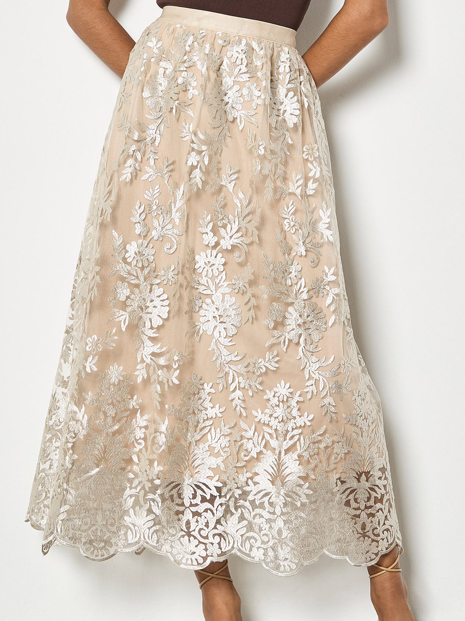 Apricot Midirock Midi-Rock aus schimmerndem Mesh mit Blumenstickerei