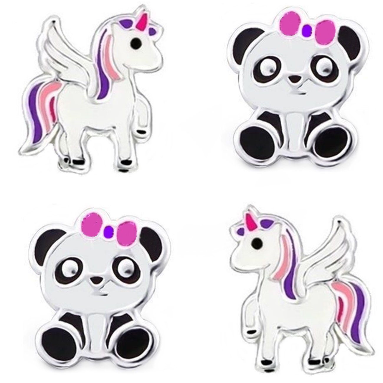 Goldene Hufeisen Ohrstecker-Set Panda Einhorn Pferd Mädchen Kinderohrringe (2 Paar Set, inkl. Etui), 925 Sterling-Silber, Hypoallergen, Kinderschmuck