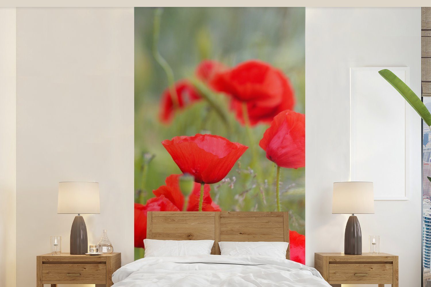 MuchoWow Fototapete Rote Mohnblumen im Gras, Matt, bedruckt, (2 St), Vliestapete für Wohnzimmer Schlafzimmer Küche, Fototapete | Fototapeten