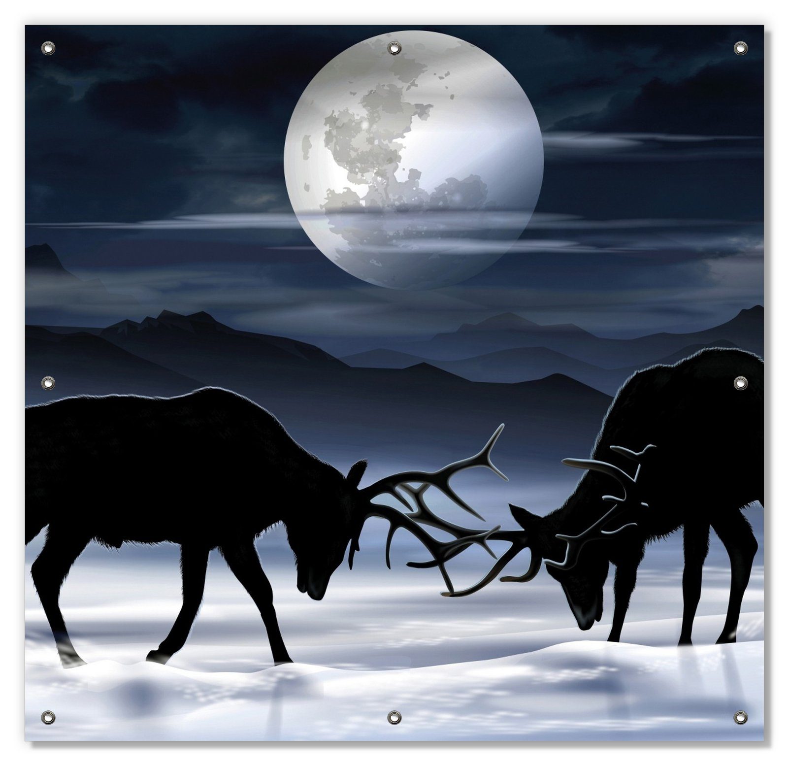 Sonnenschutz Elch im Schnee bei Mondschein - Silhouette am Abend, Wallario, blickdicht, mit Saugnäpfen, wiederablösbar und wiederverwendbar