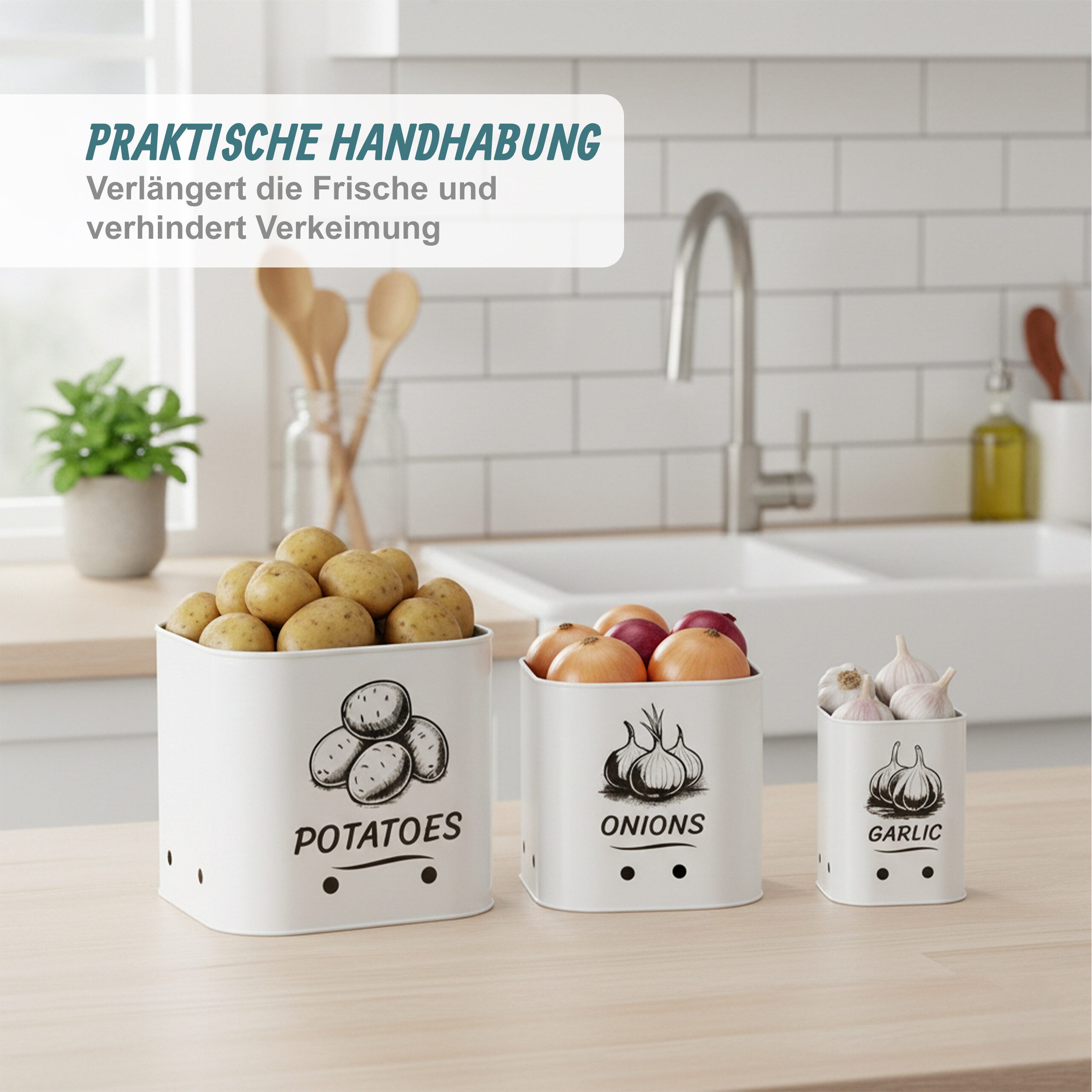 relaxdays Vorratsdose Kartoffel Aufbewahrungsbox 3er Set, Stahl, (3-tlg), weiß – Bild 3 von 5