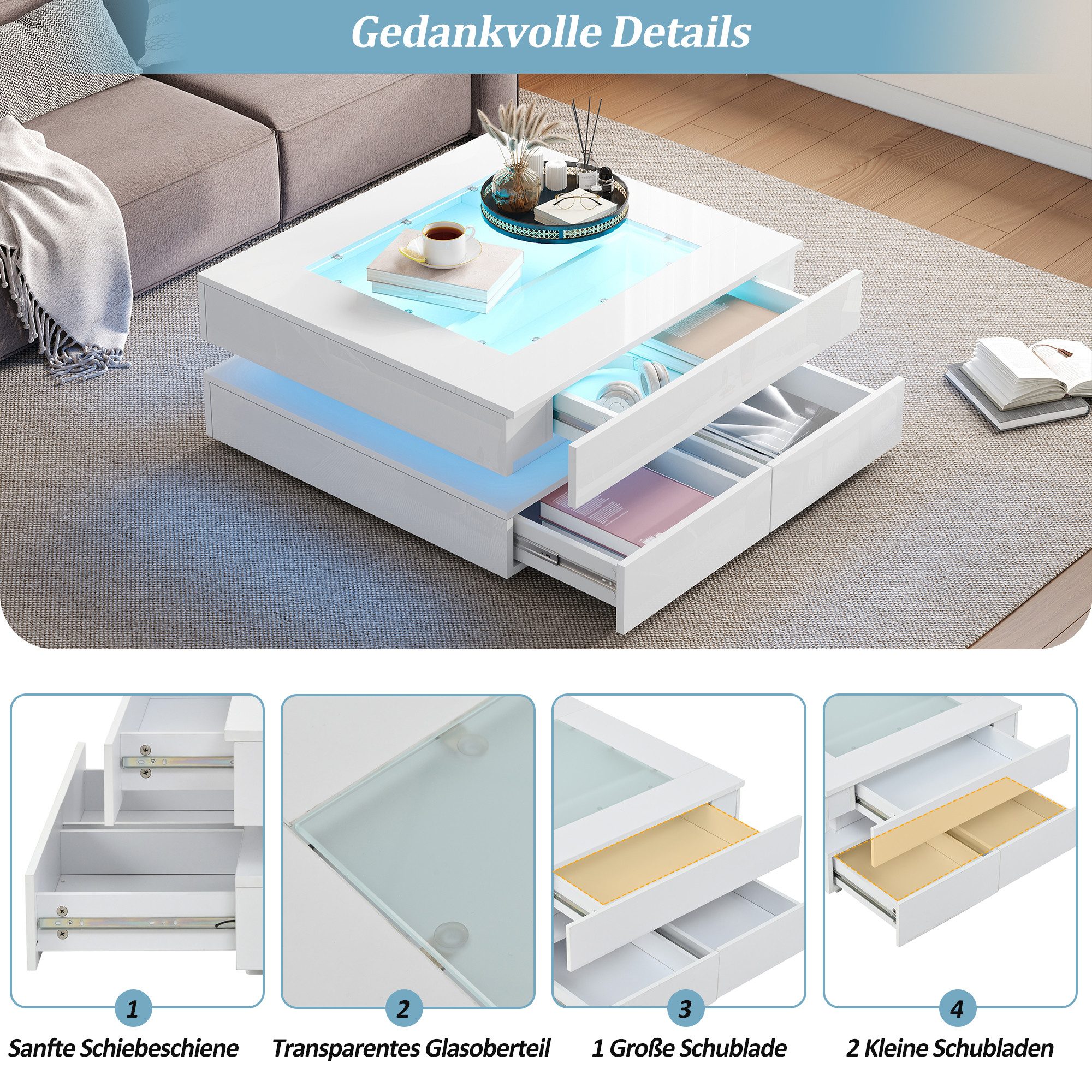 Merax Couchtisch hochglanz Sofatisch Beistelltisch mit LED-Beleuchtung (1-St), Wohnzimmertisch mit Glasplatte und 3 Schubladen, 70x70x35cm – Bild 5 von 5