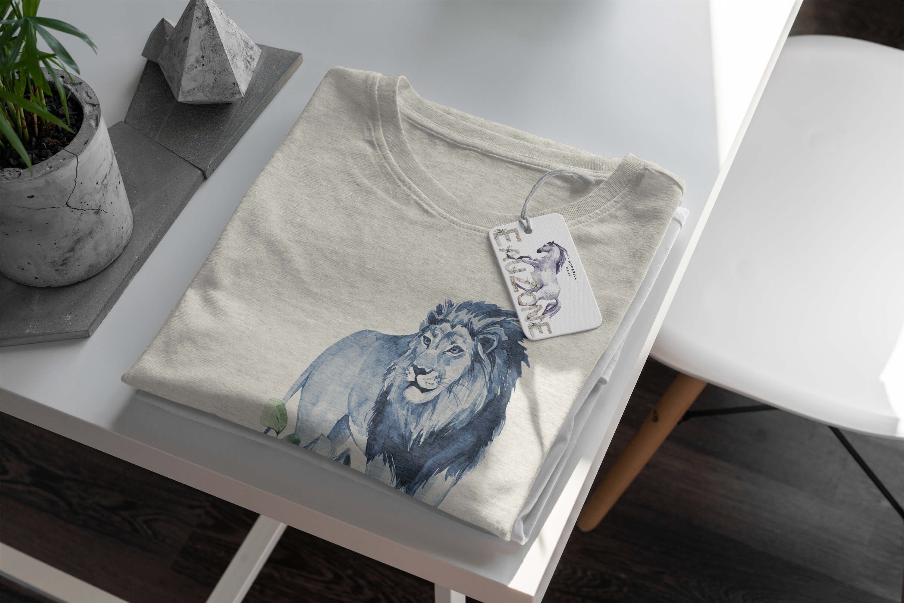Sinus Art T-Shirt Afrika (1-tlg) Blumen T-Shirt Motiv Herren Aquarell Ökomo Löwe gekämmte Bio-Baumwolle Shirt Nachhaltig 100
