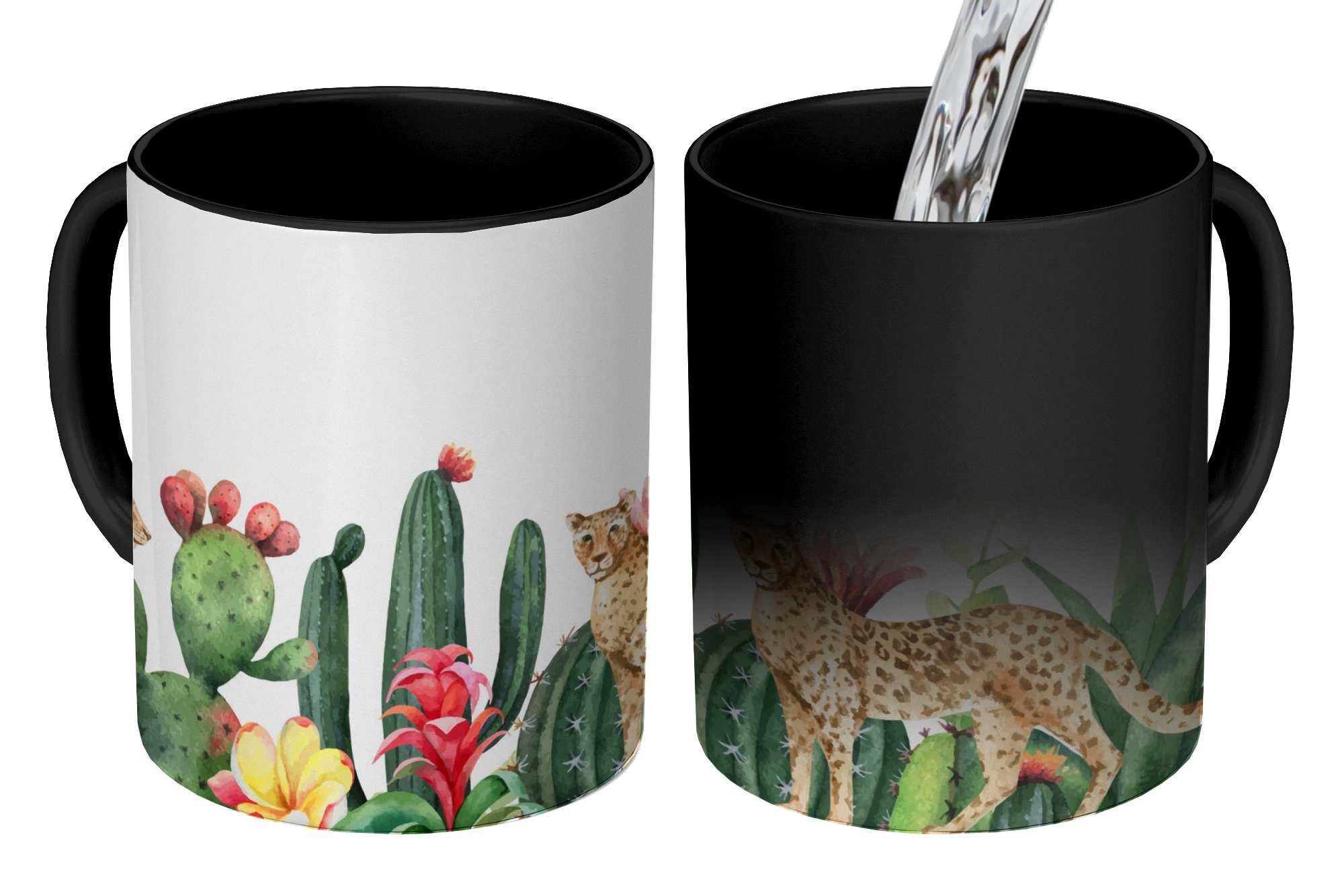 MuchoWow Tasse Leopard - Pflanzen - Aquarell - Mädchen - Kinder - Jungen - Kinder, Keramik, Farbwechsel, Kaffeetassen, Teetasse, Zaubertasse, Geschenk