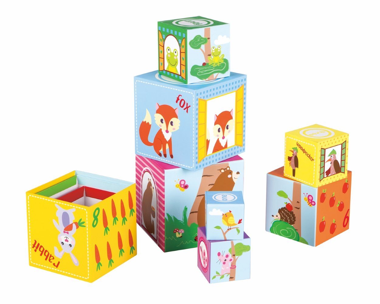 Lelin Stapelspielzeug 10213 Stapelspiel Lernspiel Wald und Tiere 10 Würfel, Aufeinander und ineinander stapelbare Würfel