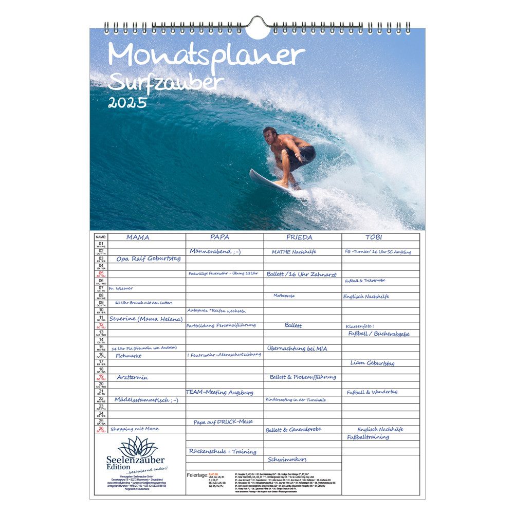 Seelenzauber Familienkalender Surfzauber Familien Planer Kalender für 2025 DIN A3 Surfer und surfen