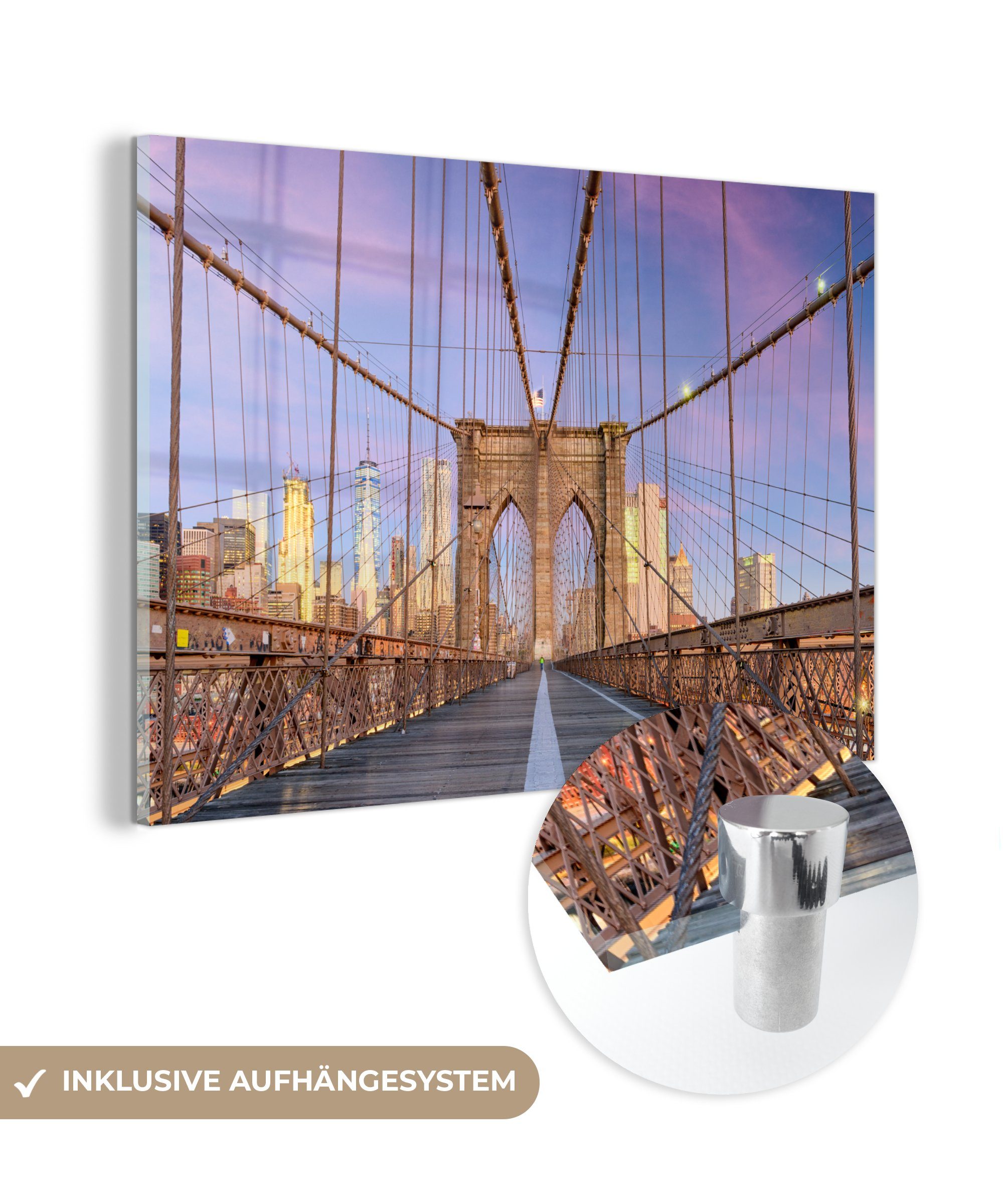 MuchoWow Acrylglasbild New York - Sonnenuntergang - Brooklyn Bridge, (1 St), Acrylglasbilder Wohnzimmer & Schlafzimmer