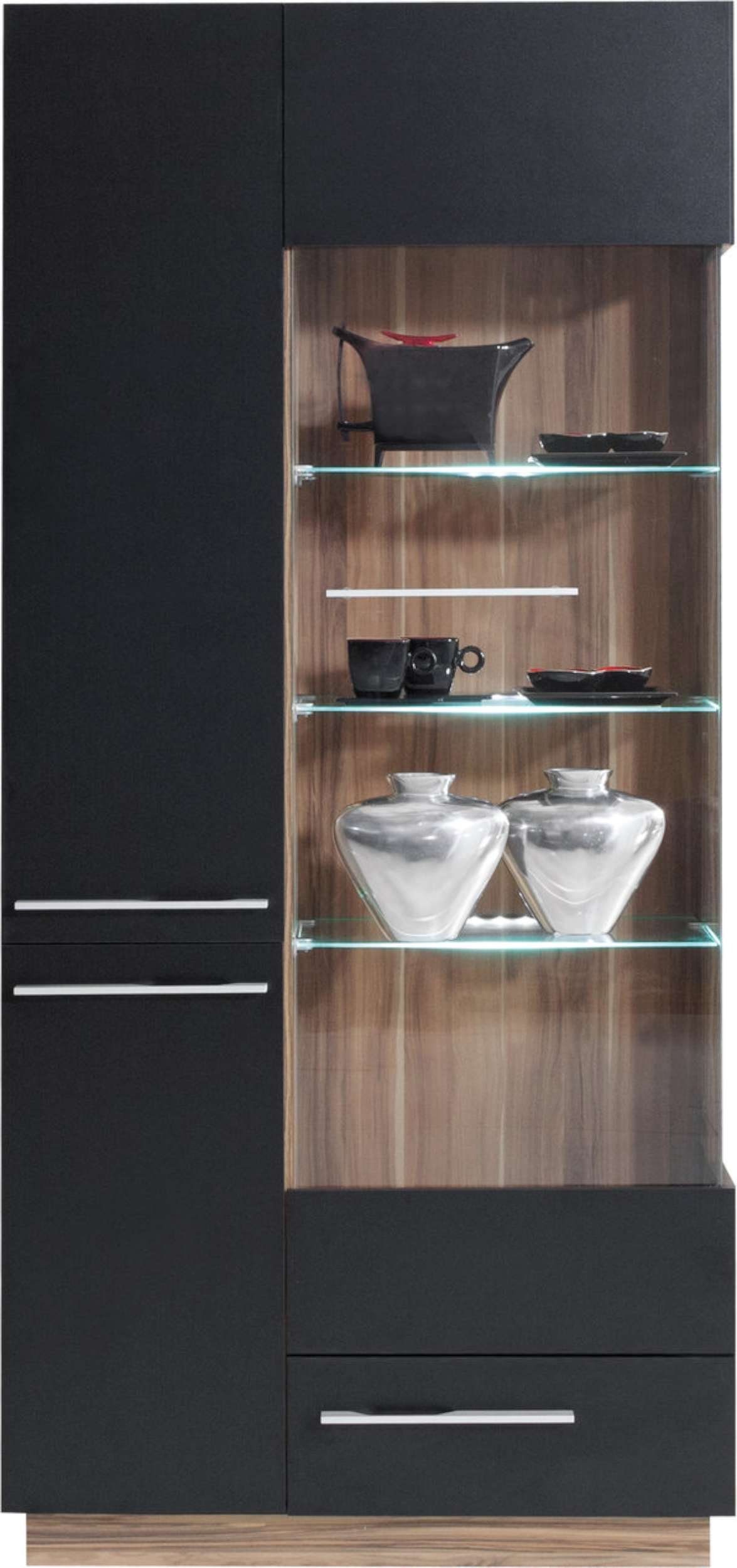 (Set Wohnzimmerset), 3xVitrine, Design Modern und Stylefy FSC-Zertifizierung, Baltimore, Wohnwand 1xKommode, bestehend aus Nussbaum Schwarz Zeno Spanplatte, (5-St), 1xLowboard