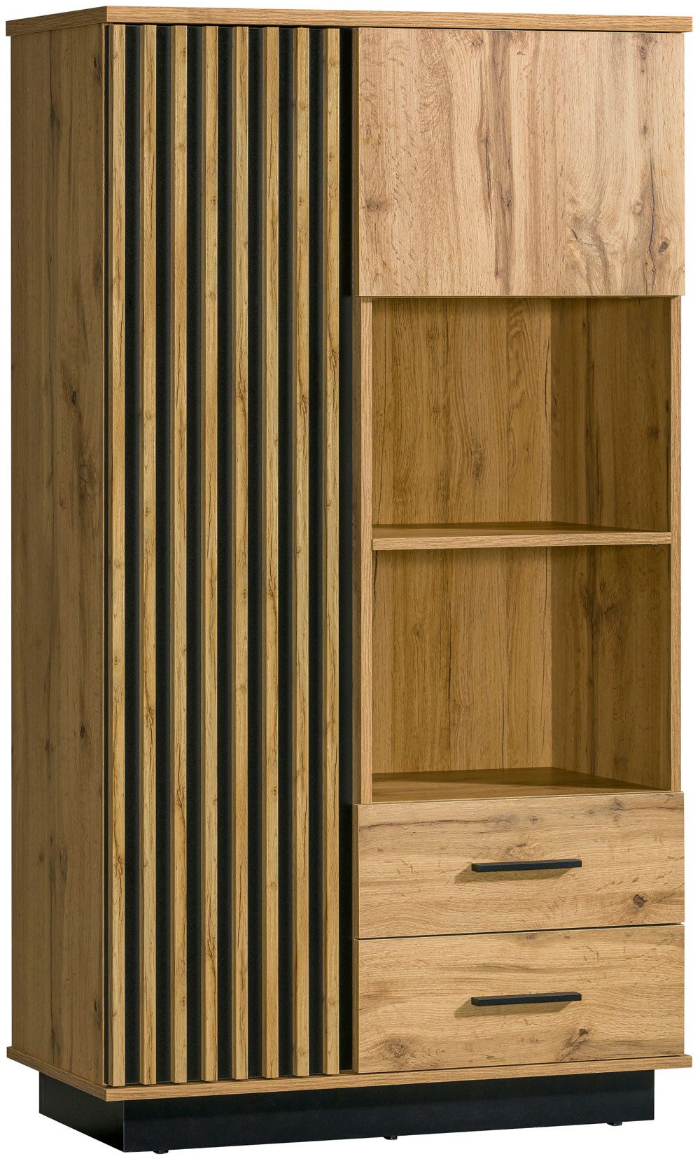 Feldmann-Wohnen Highboard Lamia (2 Türen, innen 3 Holzböden, 2 Schubladen, 2 offene Fächer, 1 St., Kunststoffgriffe in schwarz, Front mit dekorativen Lamellen), 90x40x159cm Eiche Wotan schwarz 2-türig