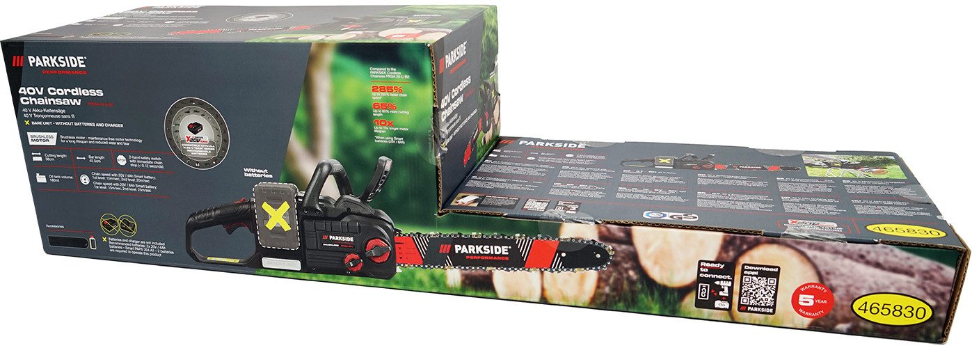 PARKSIDE PERFORMANCE® Akku-Kettensäge 40V Akku Kettensäge PPKSA 40-Li (ohne Akkus), 45,5 cm Schwertlänge, 2-Hand-Schutzschalter mit Ketten-Sofortstopp (0,12 Sek)
