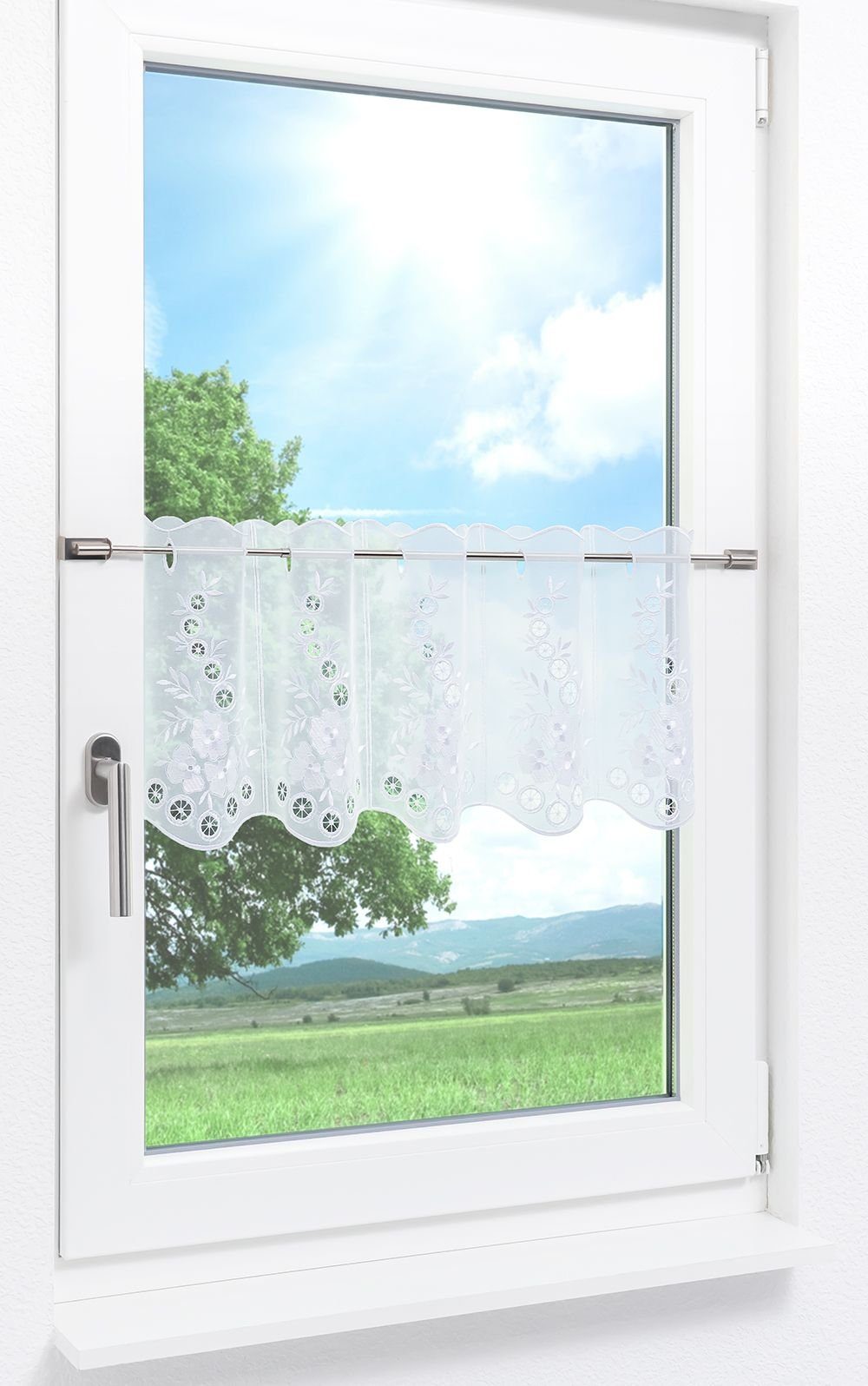 (1 30x48.6cm Spitze®, HxB Blumenspiel, Plauener transparent, Scheibengardine St),