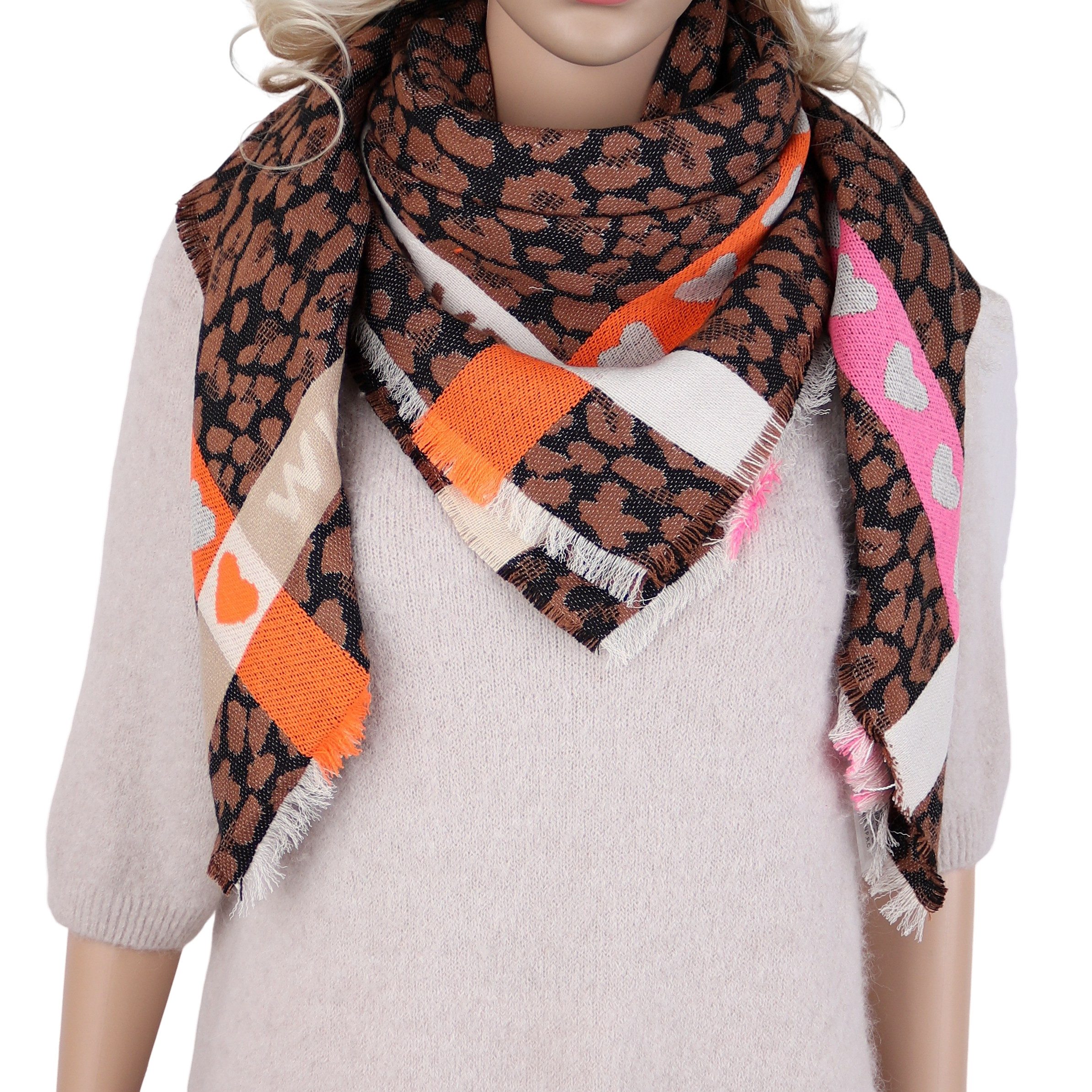 MIRROSI Halstuch Damen Schal Eckig 105x105 cm – Leo-Muster, Herzbordüre, (Neue Kollektion Herbst/Winter 2026), Winter Schal mit WILD LOVE Schriftzug