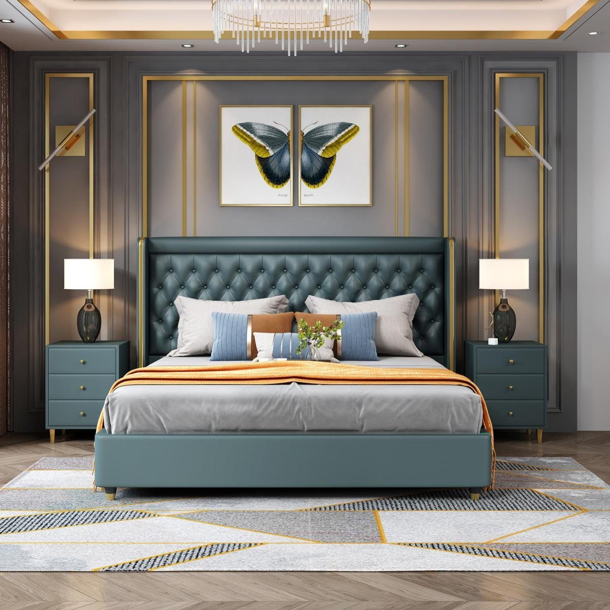 Landhaus Bett Betten JVmoebel Klassisches Echtes Doppelbett Bett, Holz Grün Stil