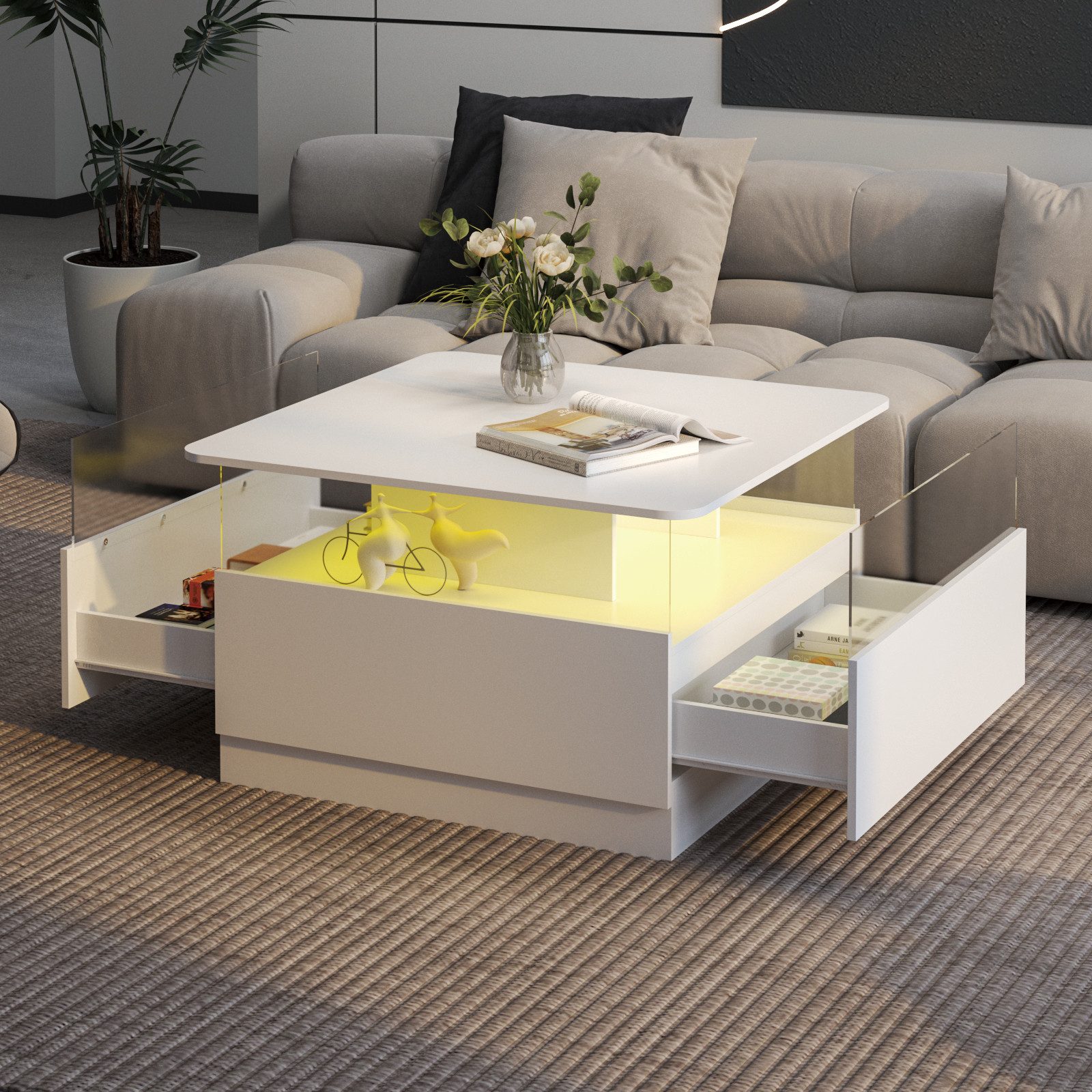 radelldar Couchtisch quadratisch mit LED-Beleuchtung und 2 Acryltüren-Schubladen (1-St), Wohnzimmertisch Beistelltisch, 78x78x48cm – Bild 3 von 5