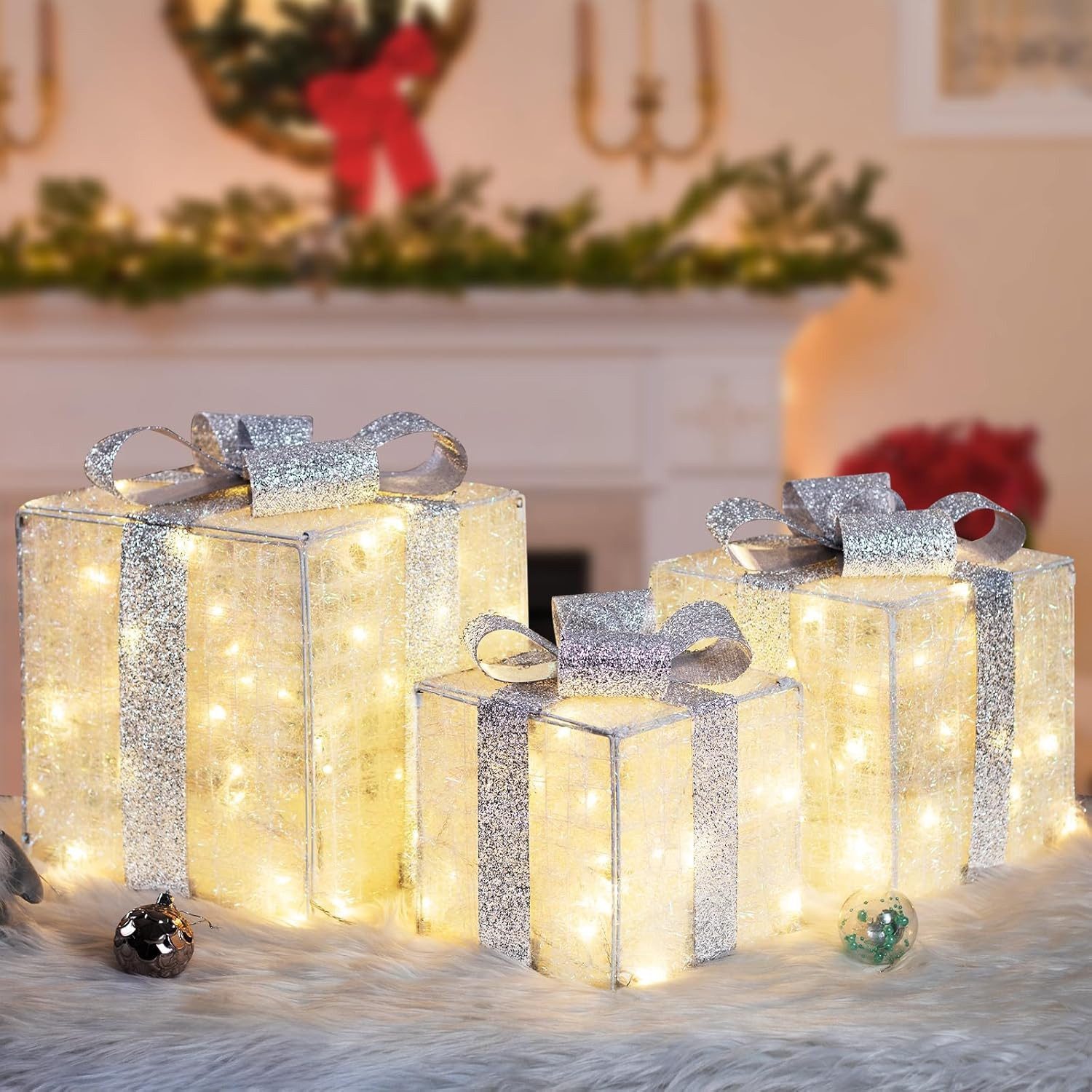 Quntis LED Dekolicht Weihnachtsfigur 3/4 Set Geschenkbox, Leuchtfiguren für Weihnachtsdeko, LED wechselbar, Kaltweiß, Warmweiß, Tageslichtweiß, 117 LEDs Extra-große Geschenkboxen mit Bändern/LED Lichterkett