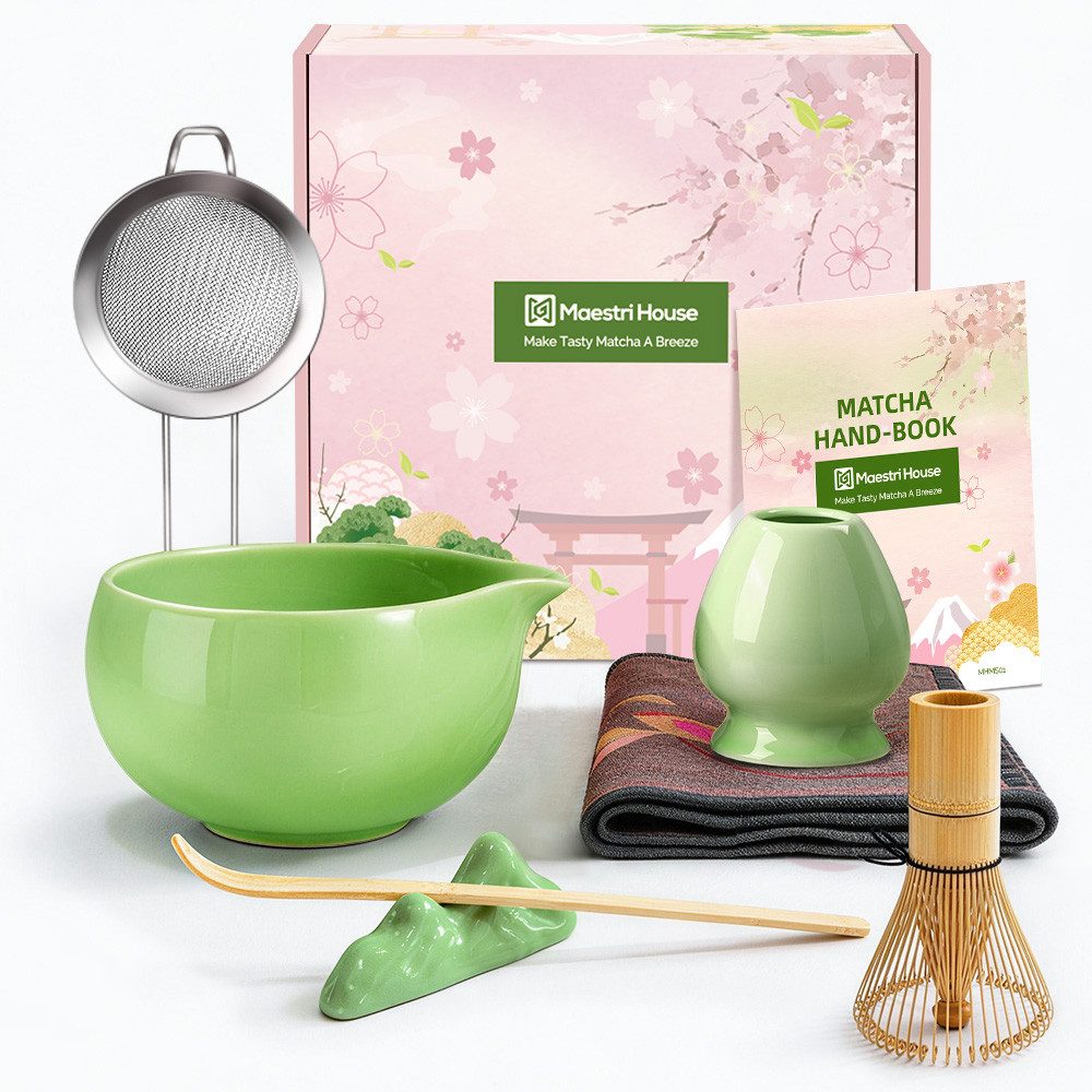 Maestri House Teeservice Matcha Set 7-teilig, Bambusbesen, Schale & Zubehör, Bambus, 510ml Schale, Bambus-Chasen, Haltern, Sieb, Löffel und Tuch erhalten