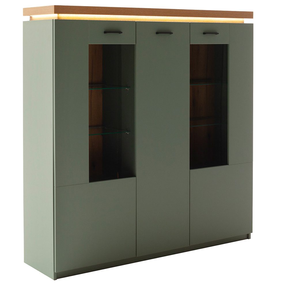 Lomadox Highboard MOSTAR-05, Grün mit Eiche, 138 cm Breite, 3-türig