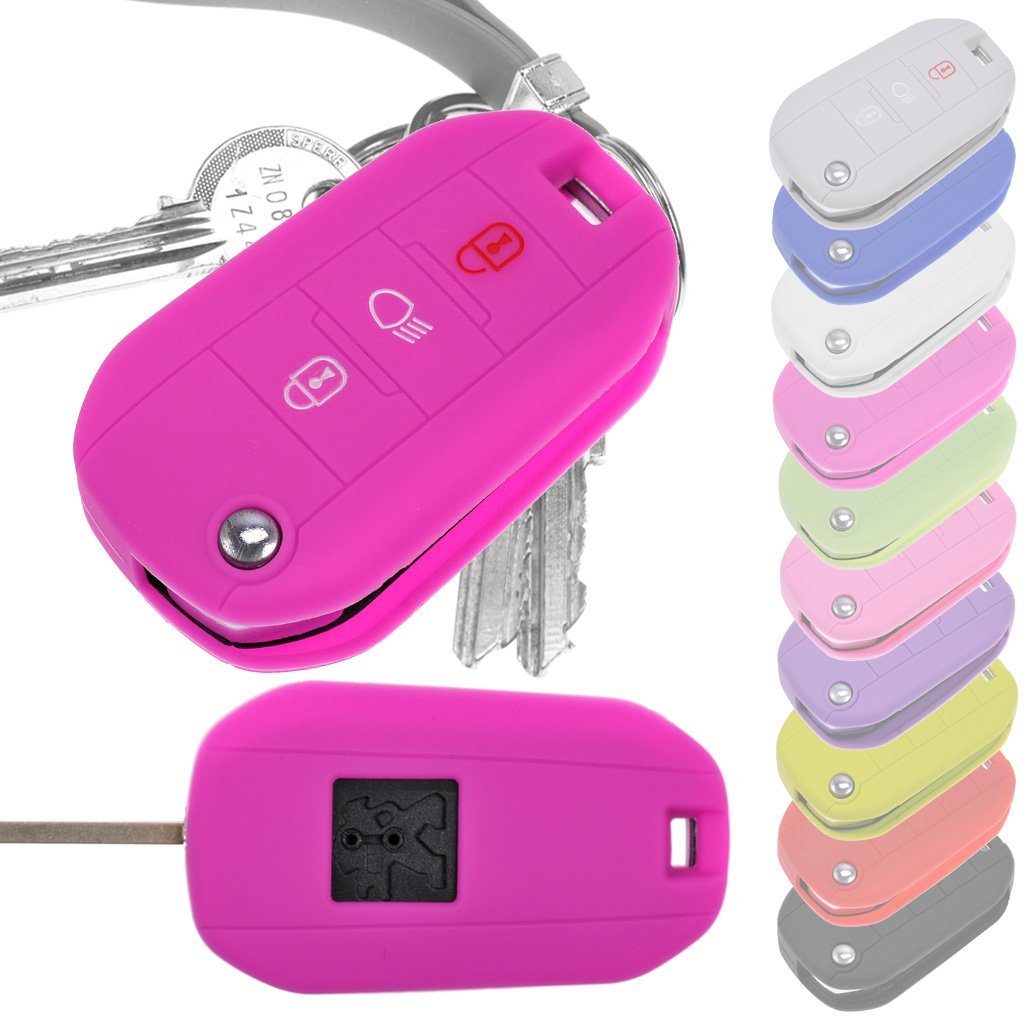 mt-key Schlüsseltasche Autoschlüssel Softcase Silikon Schutzhülle Pink, für Peugeot 208 301 308 508 5008 2008 Expert Citroen C3 C4 Spacetourer