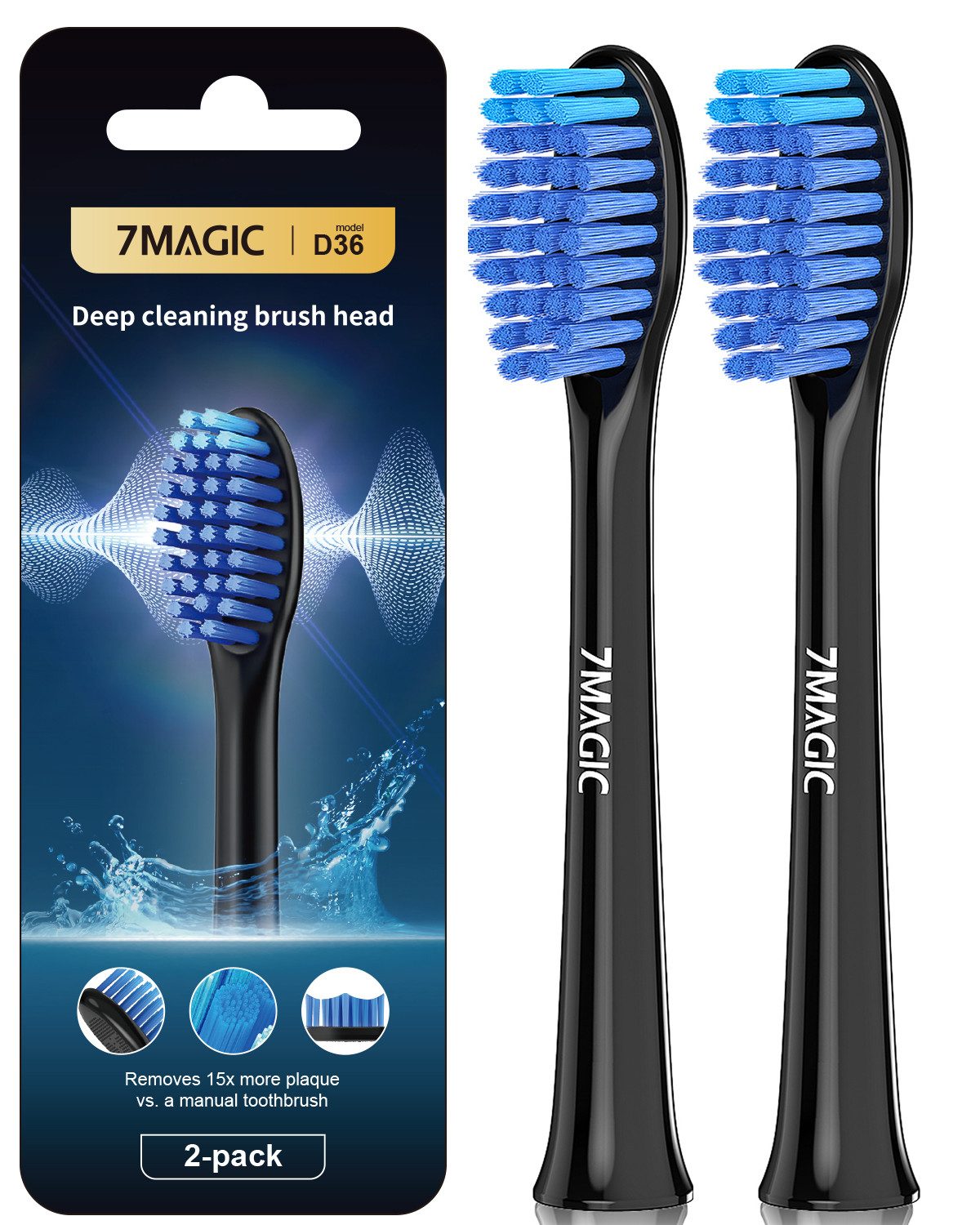 7MAGIC Aufsteckbürsten D36 Tiefenreinigung Aufsteckbürsten für 7MAGIC Elektrischen Zahnbürste, 2er Set, Arbeitet mit Precision Clean, 3D Whitening, Sensitive Clean, U-förmige Borsten, Standardgröße,Ersatzbürsten für tägliche Reinigung