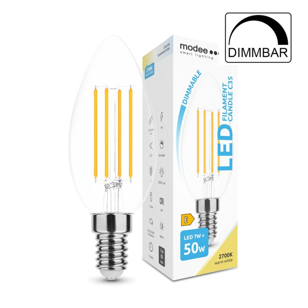 Modee Smart Lighting LED-Leuchtmittel 7 W Dimmbare E14 LED Leuchtmittel, Kerze, Klarglas, C35, dimmbar, Neutralweiß, LED Birne Filament Kerze (Candle) C35 7W E14 360°