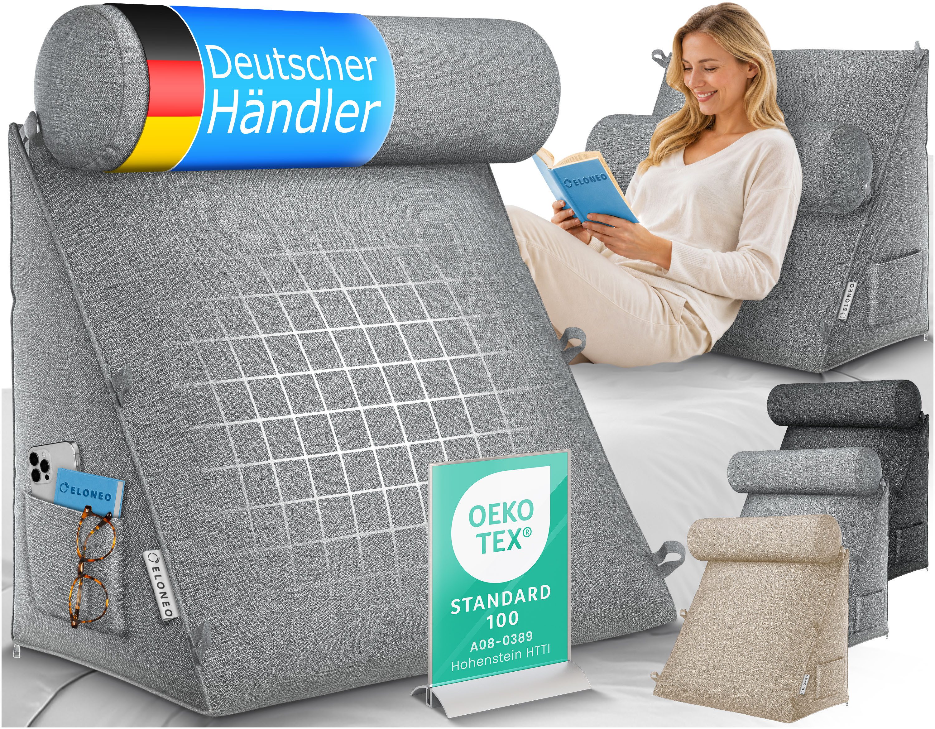 ELONEO Rückenkissen mit Nackenrolle für Bett & Sofa, 55x50x30cm, waschbarer Bezug