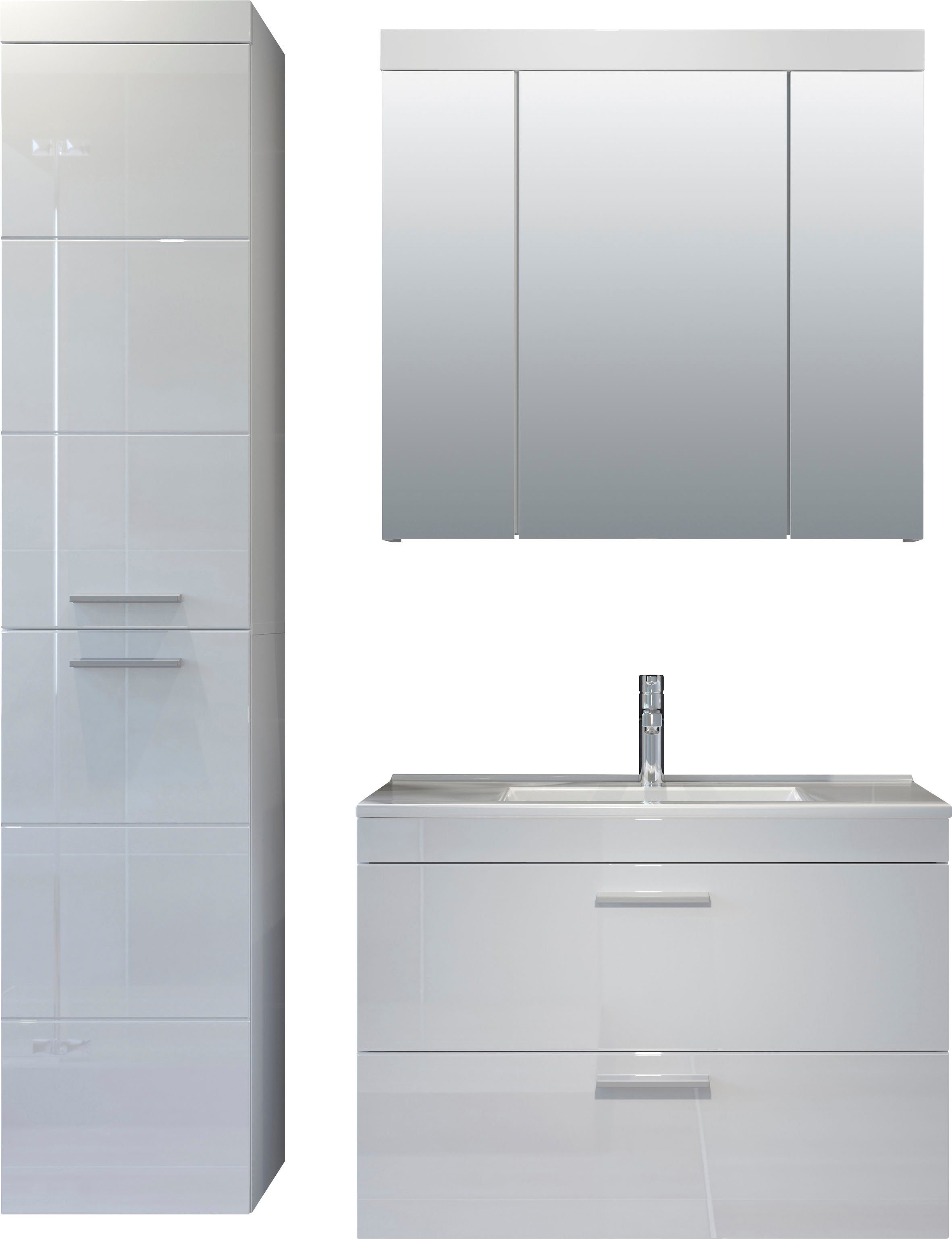 welltime Badezimmer-Set Dormoletto, (4-St), Badmöbel-Set: Hochschrank, Spiegelschrank & Waschbeckenunterschrank