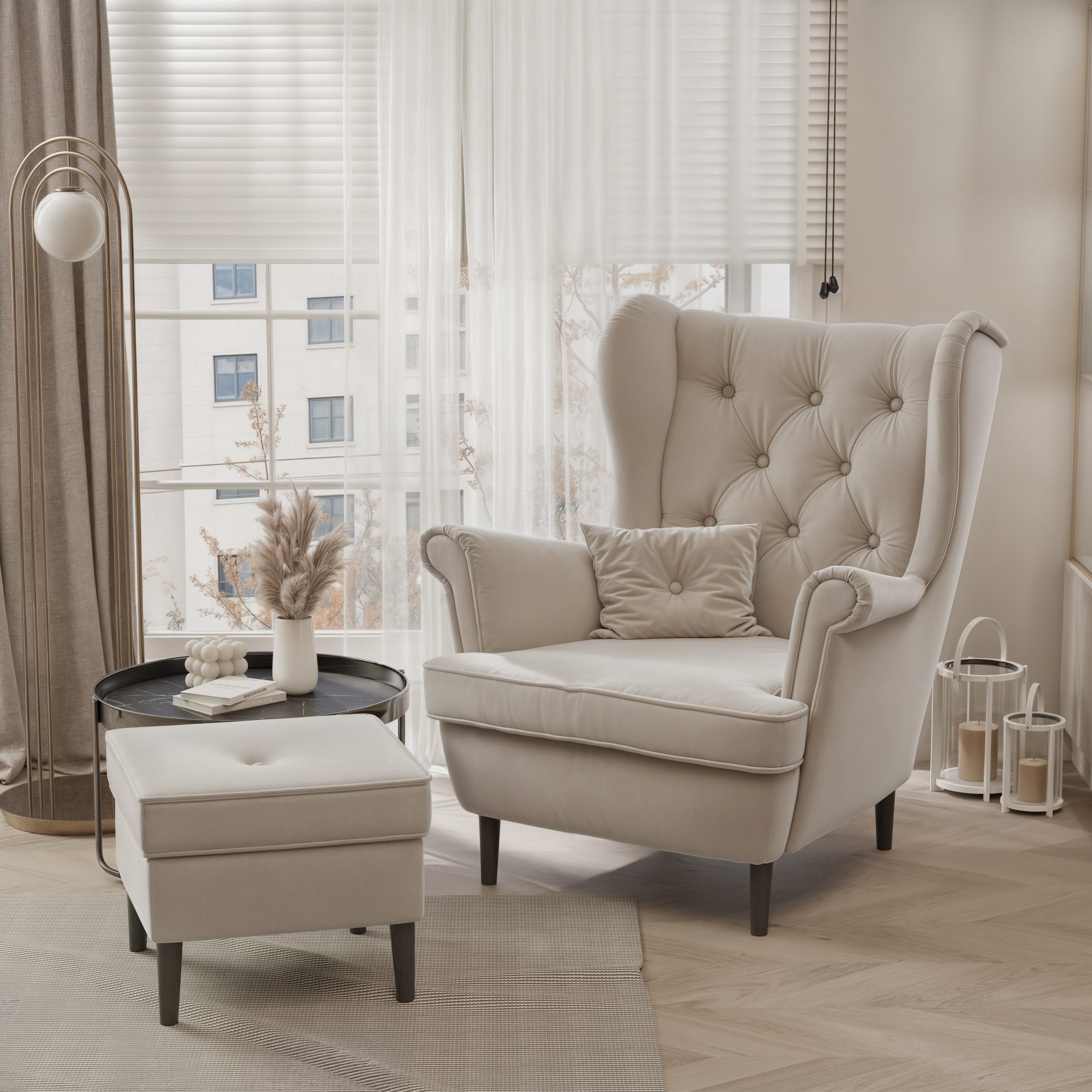 yourhouse24 Sessel SCANDI – Inklusive Fußhocker & Zierkissen (Einzelsessel), Frei im Raum stellbar