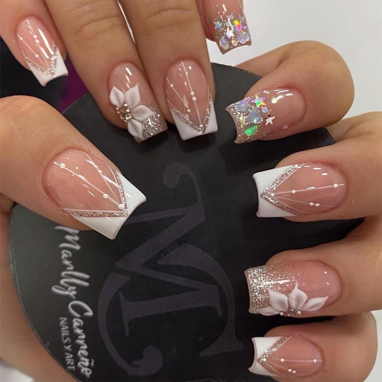 LuxusKollektion Kunstfingernägel Nägel French Weiß Ballerina Mittellang Aufkleben 24 2white&flower3