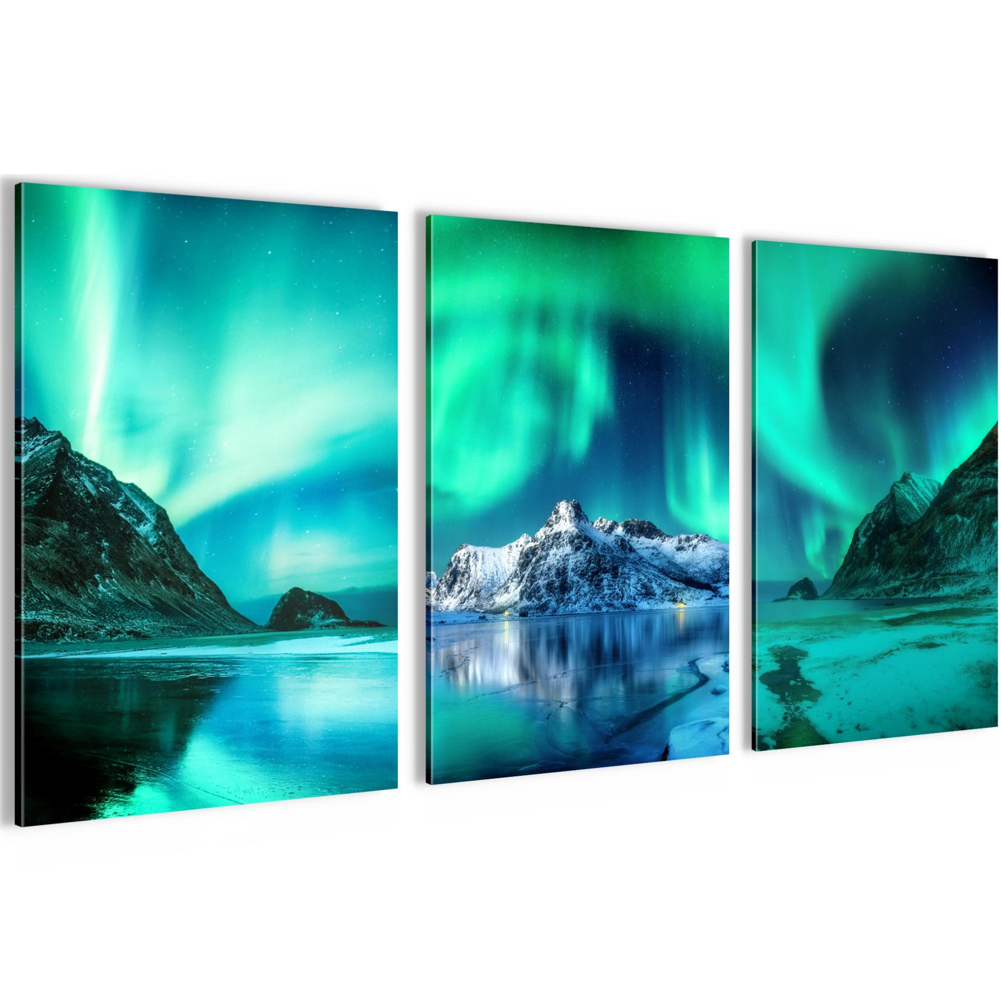 Novart Wandbild Polarlicht Nachthimmel AUFHÄNGFERTIG Flur Deko Grün Blau N0348, 40 x 60 cm - 3 Bilder