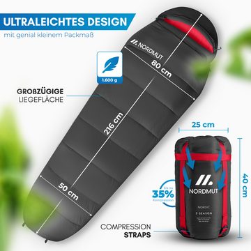 Nordmut Mumienschlafsack Schlafsack 3-Jahreszeiten [300 GSM] Ultraleicht & kompakt, Outdoor, [1600g] ideal für Outdoor, Camping, Trekking und Reisen