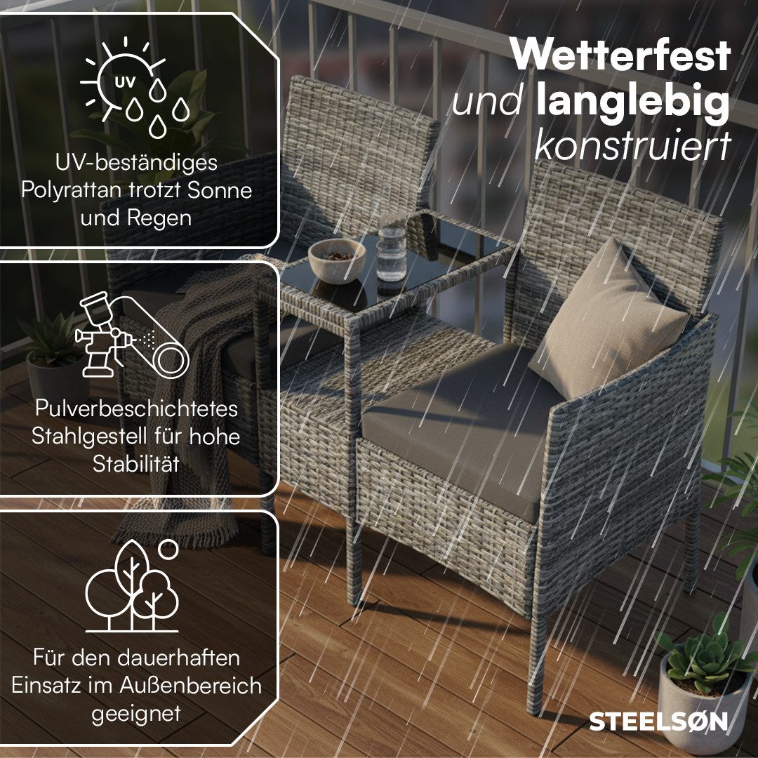 STEELSØN Balkonset Velara 2er Sofa mit Mitteltisch & Sitzpolstern, (grau-meliert/anthrazit), Rattan Gartenbank, stabiles Stahlgestell, wetterfest & pfegeleicht
