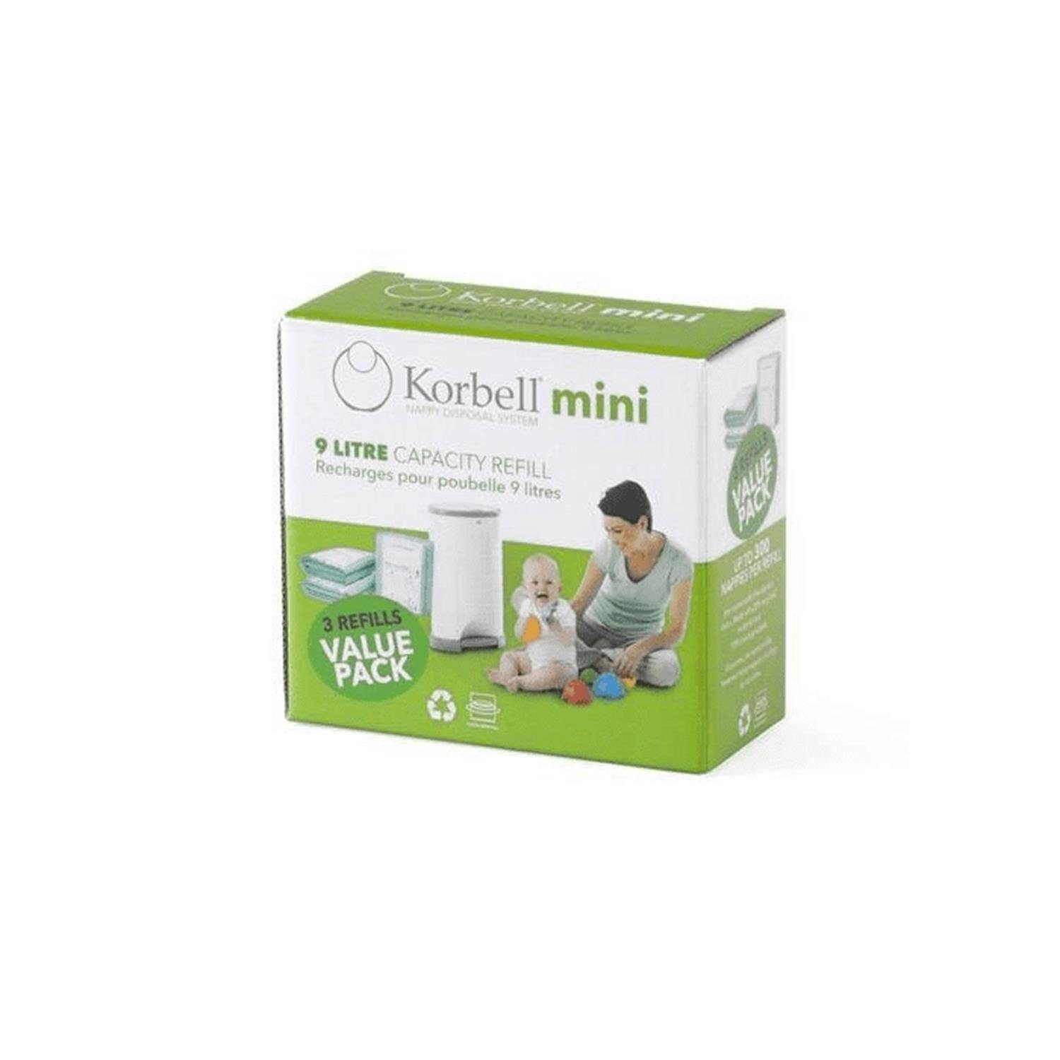 Korbell Müllbeutel T-KOR-220DR3B, Zubehör für KORBELL Korb Mini Windel Abfallbehälter 9 l, Nachfüllbeutel-Set 9 Liter Windeleimer, 3 Stück / für ca. 450 Windeln