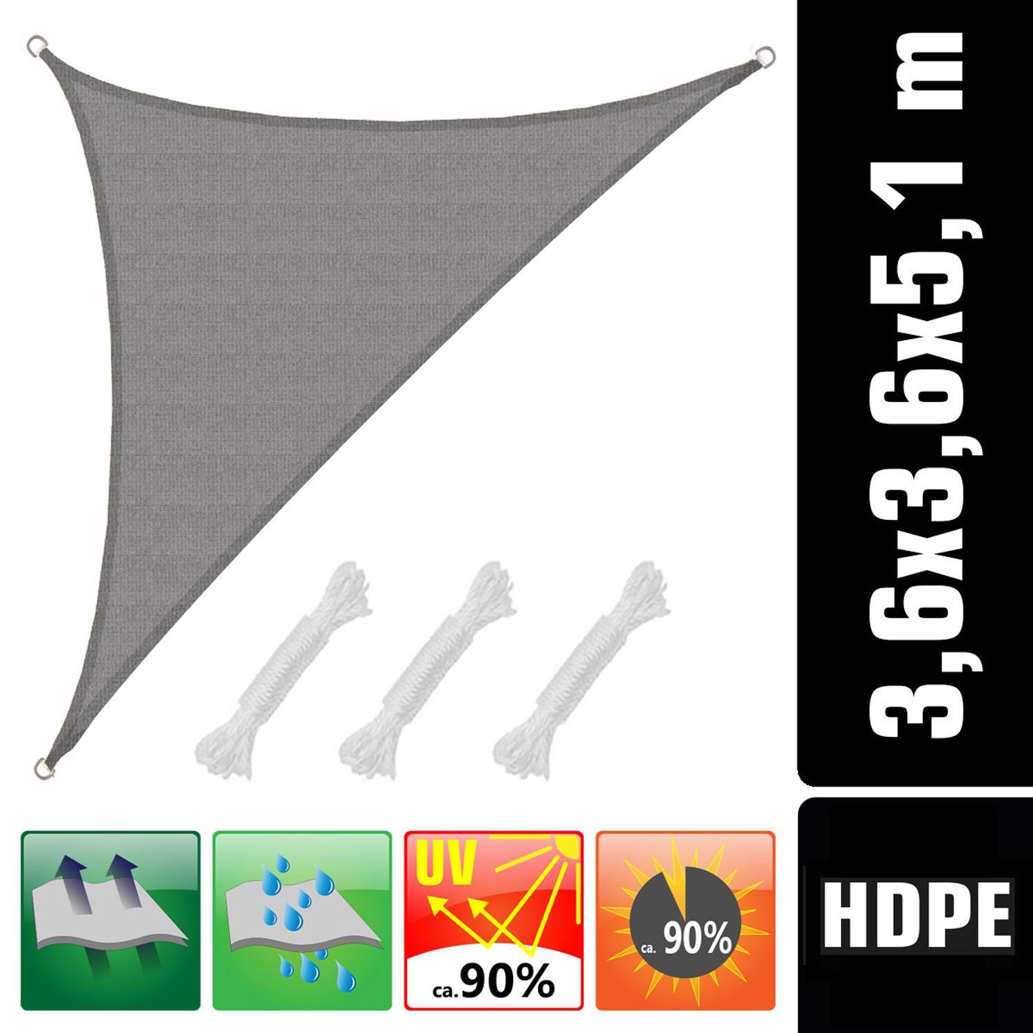 Thumbnail - AMANKA Sonnensegel mit UV Schutz - 5,1 x 3,6 x 3,6 Winddurchlässig für Garten & Terrasse, Wasserdurchlässiges HDPE Sonne...