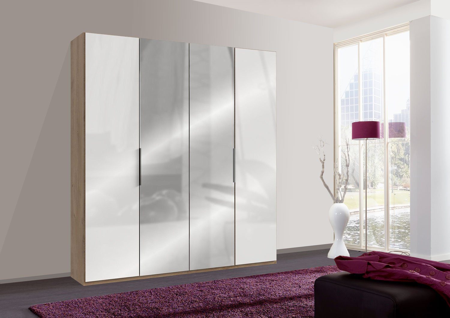 Wimex Kleiderschrank Level 4-türig 200x58x236cm weiß plankeneiche Spiegel
