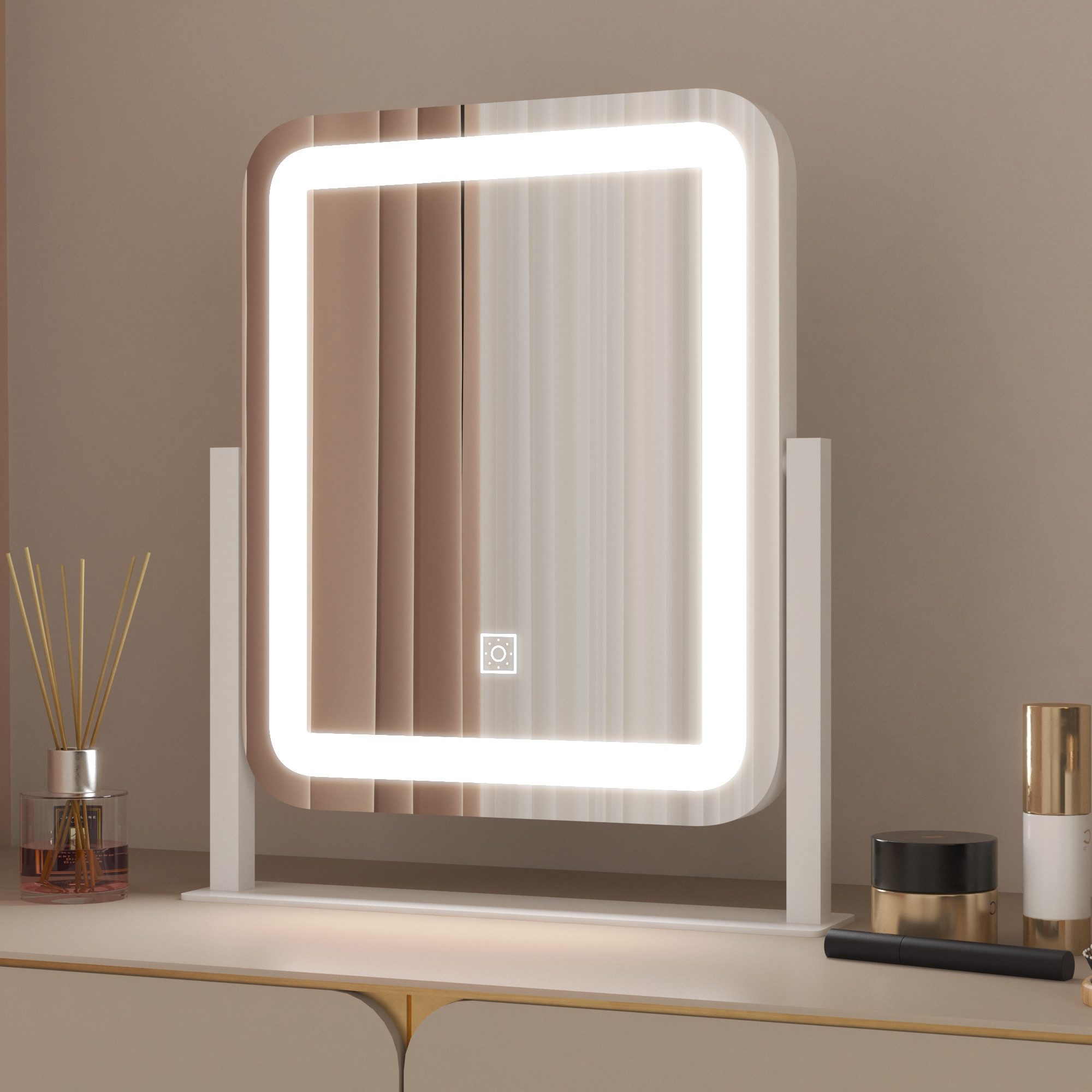 WDWRITTI Kosmetikspiegel LED Schminkspiegel 3Lichtfarben Helligkeit dimmbar Touch Tischspiegel (Make Up Spiegel Rechteckig, 360° Drehbar), Umweltschutz Spiegel, energiesparender