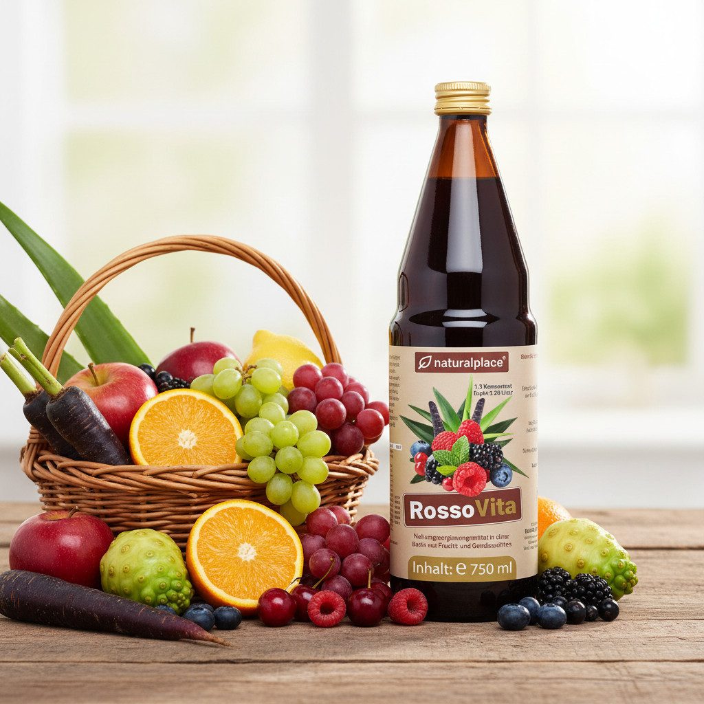 naturalplace® RossoVita Wellnessgetränk, Konzentrat aus Frucht- und Gemüsesäften- Saft, 750 ml, Mehrfruchtmix mit Aloe Vera- und Nonisaft + Vitaminen, ergibt 2,25 L