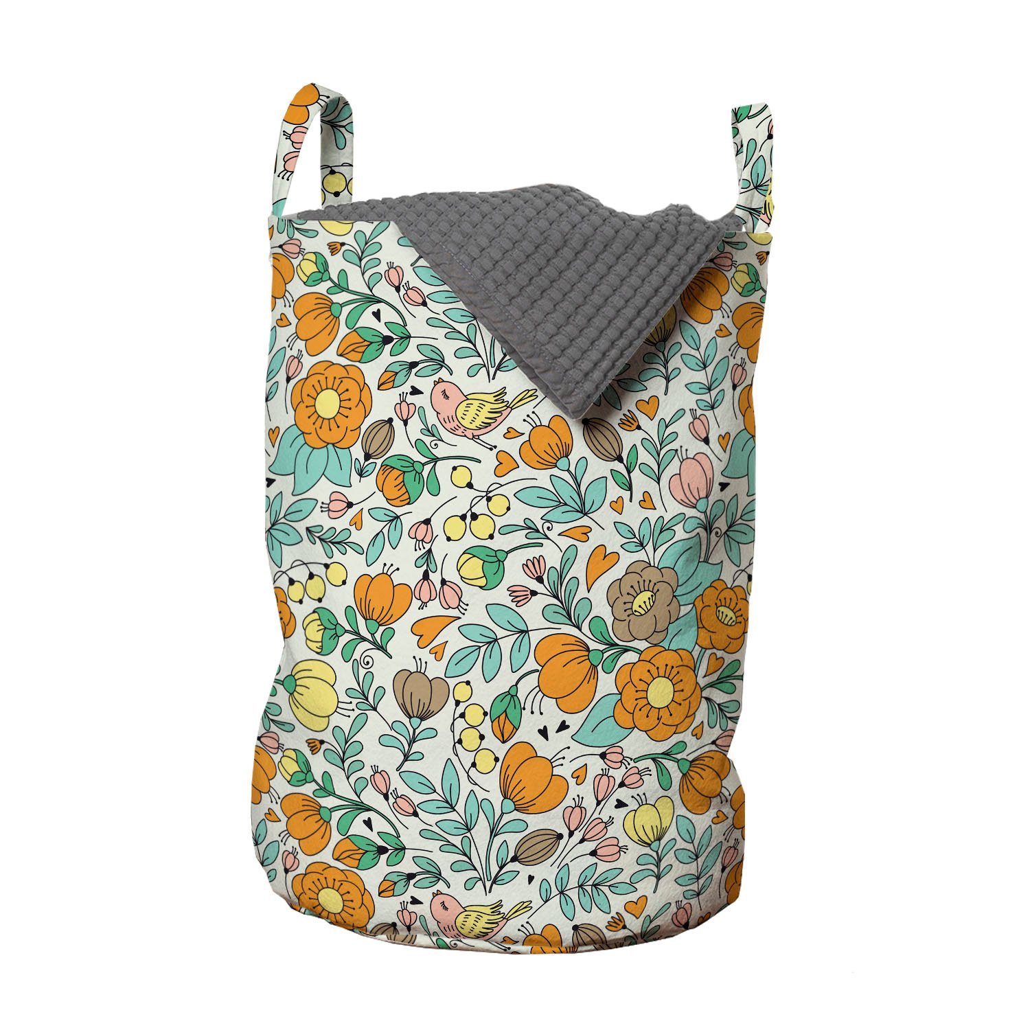 Abakuhaus Wäschesäckchen Wäschekorb mit Griffen Kordelzugverschluss für Waschsalons, Blumen Summer Flowers Birds Humming