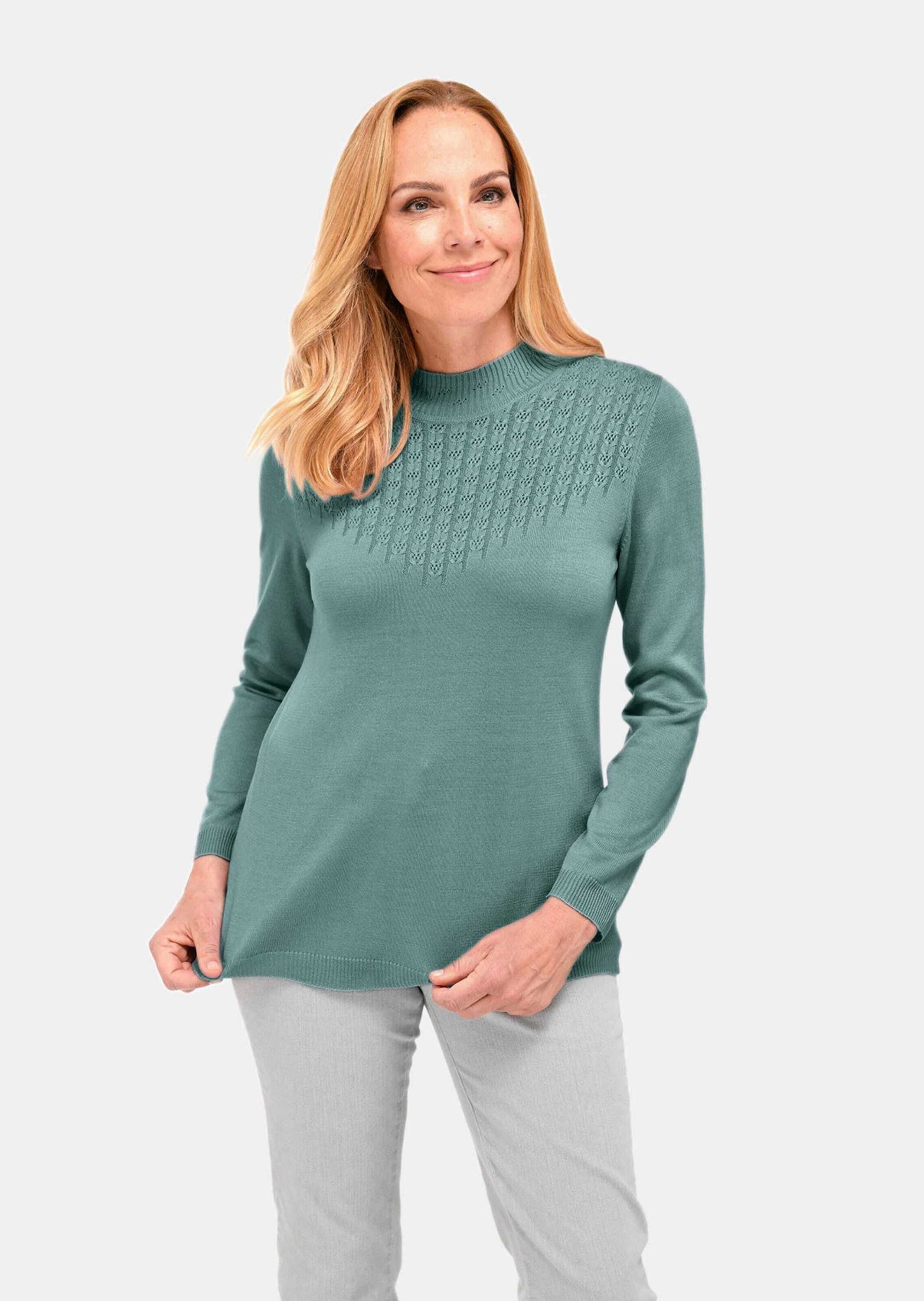 GOLDNER Вязаные свитера Kurzgröße: Eleganter Ajourpullover mit Stehbund Langarm Sweatshirt mit V-förmiger Ajourmusterung, gerippter Stehkragen