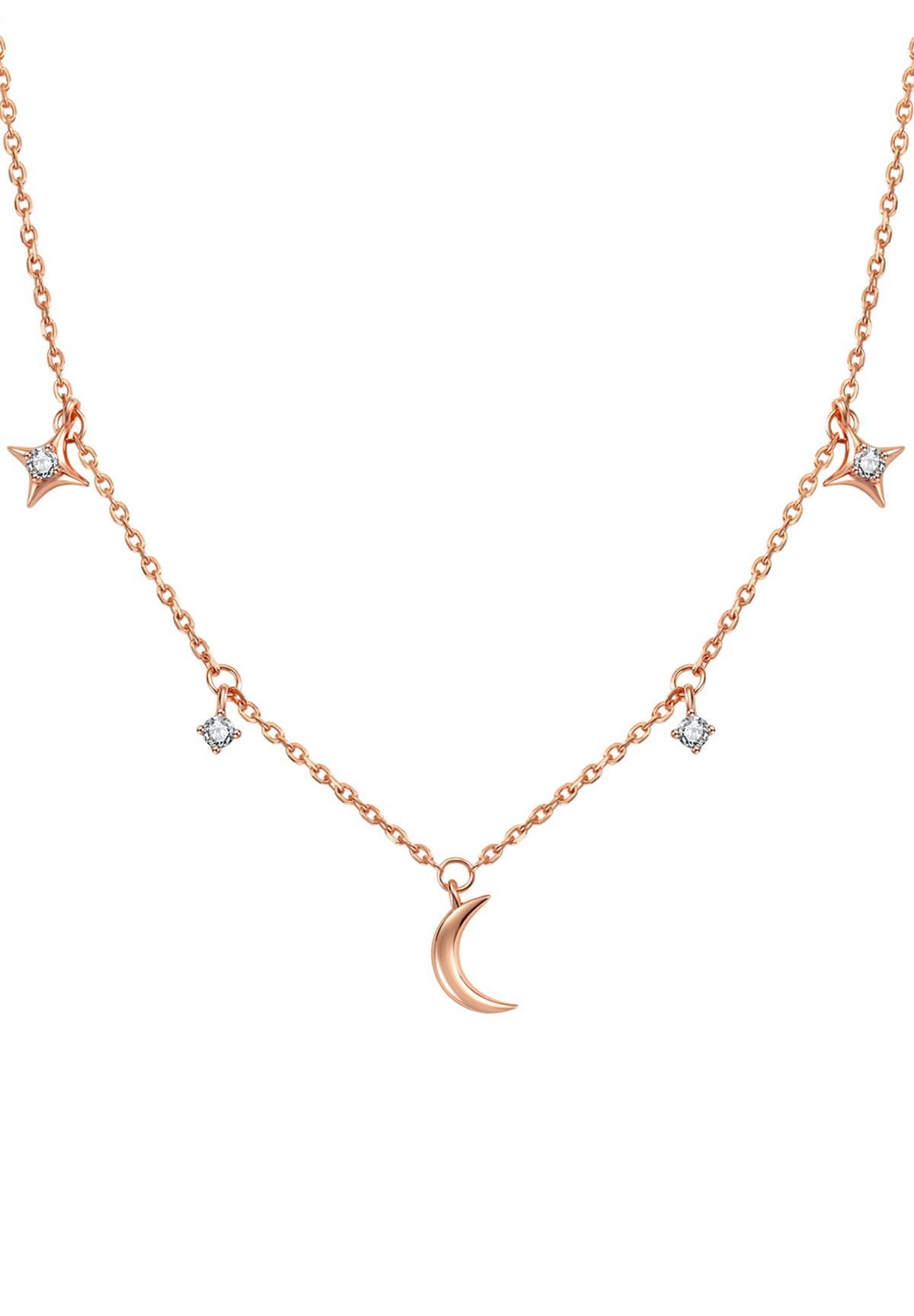 Hey Happiness Charm-Kette Zirkonia Mond und Stern, Damen Halskette 925 Sterling Silber, vergoldet