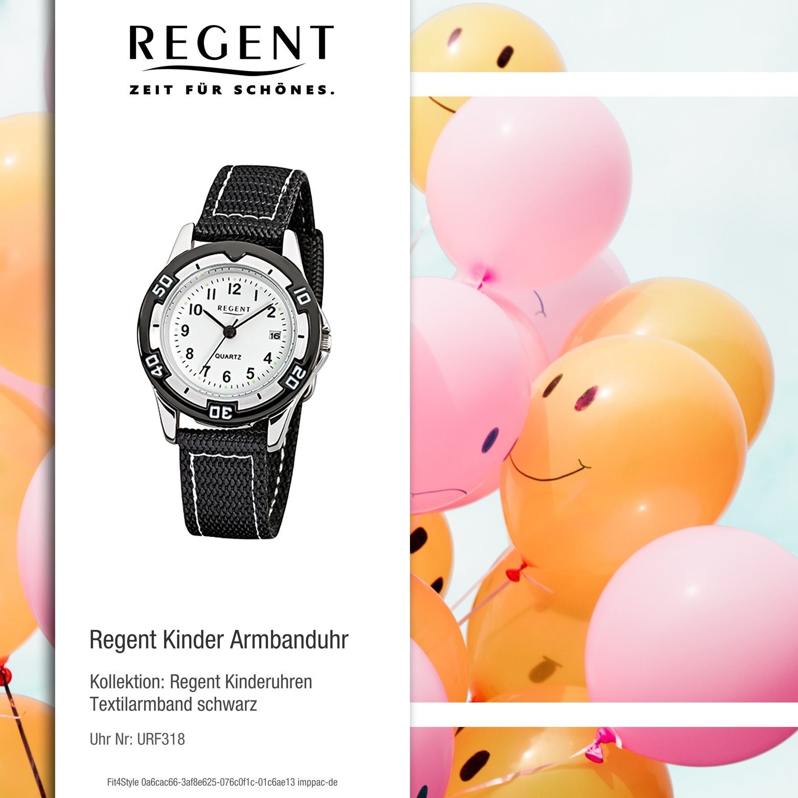 schwarz Regent Armbanduhr 29mm), Quarzuhr Kinder Textil, Kinder-Armbanduhr rund, Analog, Stoffarmband Regent klein (ca.