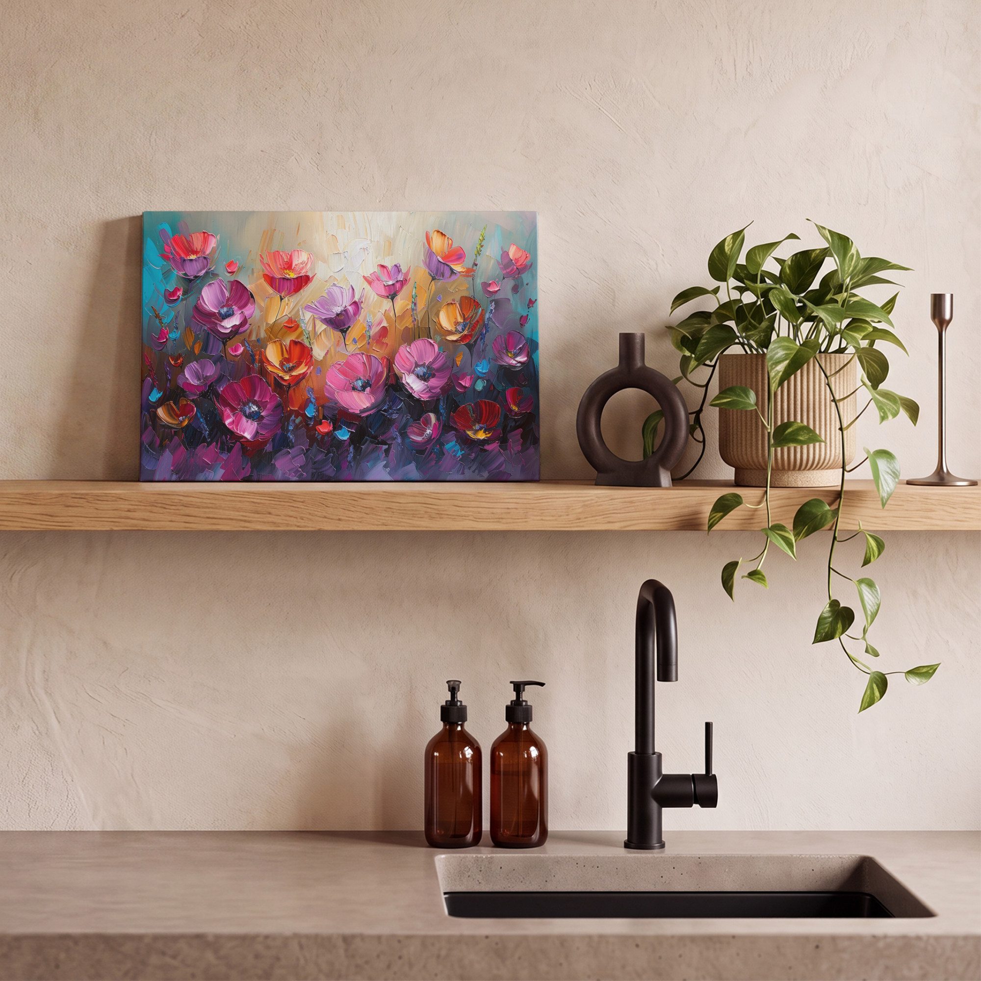 OneMillionCanvasses® Leinwandbild Blumen - Lila - Farbenfroh - Handbemalt - Kunst, Fotodruck (1 St), Leinwand Bilder Klein, Wand Dekoration Aesthetic 30x20 cm – Bild 5 von 5