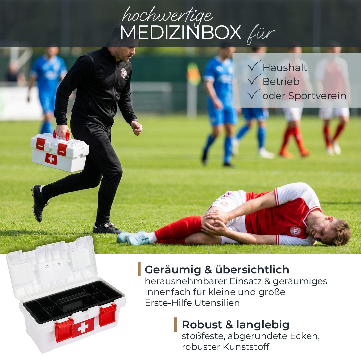 HMF Erste-Hilfe-Koffer Erste Hilfe Kasten zur Medikamenten Aufbewahrung, Medizinbox, leer für Sportverein, Betrieb oder Zuhause, 37 x 20 x 18,5 cm Weiß-Rot – Bild 2 von 5