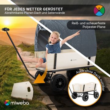 miweba Bollerwagen Holz-Bollerwagen Canvas - abnehmbares Dach UPF 40 - 180 Kg Traglast (deichselgeführte Lenkachse - Stahl - witterungsbeständig, 2-tlg., 75 Liter Fassungsvermögen - abnehmbare Bordwände - Profilreifen), Transportkarre Handwagen Transportwagen Gartenwagen - Anhänger