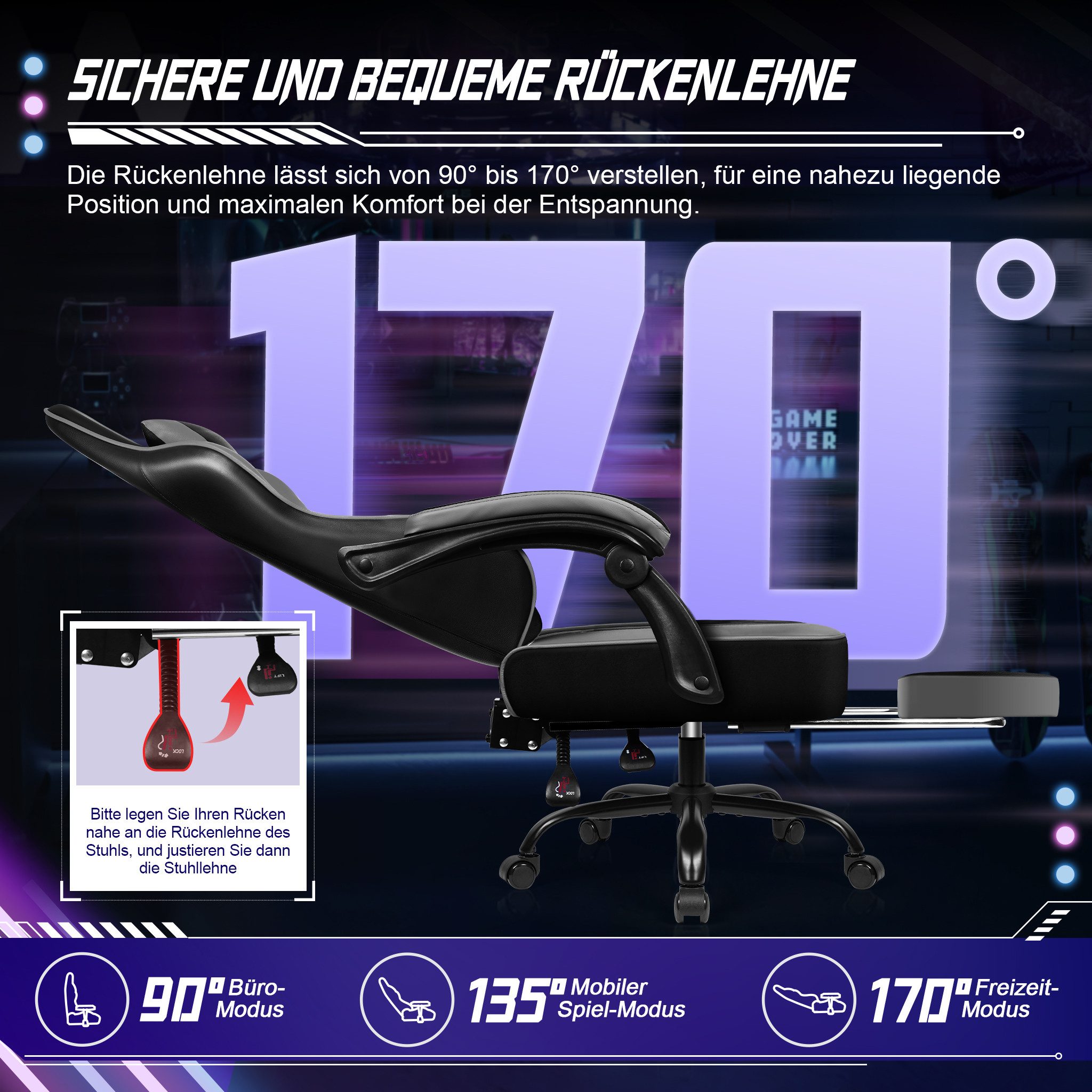 Homimaster Gaming-Stuhl Gaming Stuhl Ergonomischer Gaming Chair mit 170° Rückenlehne (Gaming Chair mit Fußstütze,Verstellbarem Lenden- & Kopfkissen), 10 cm höhe – Bild 2 von 5