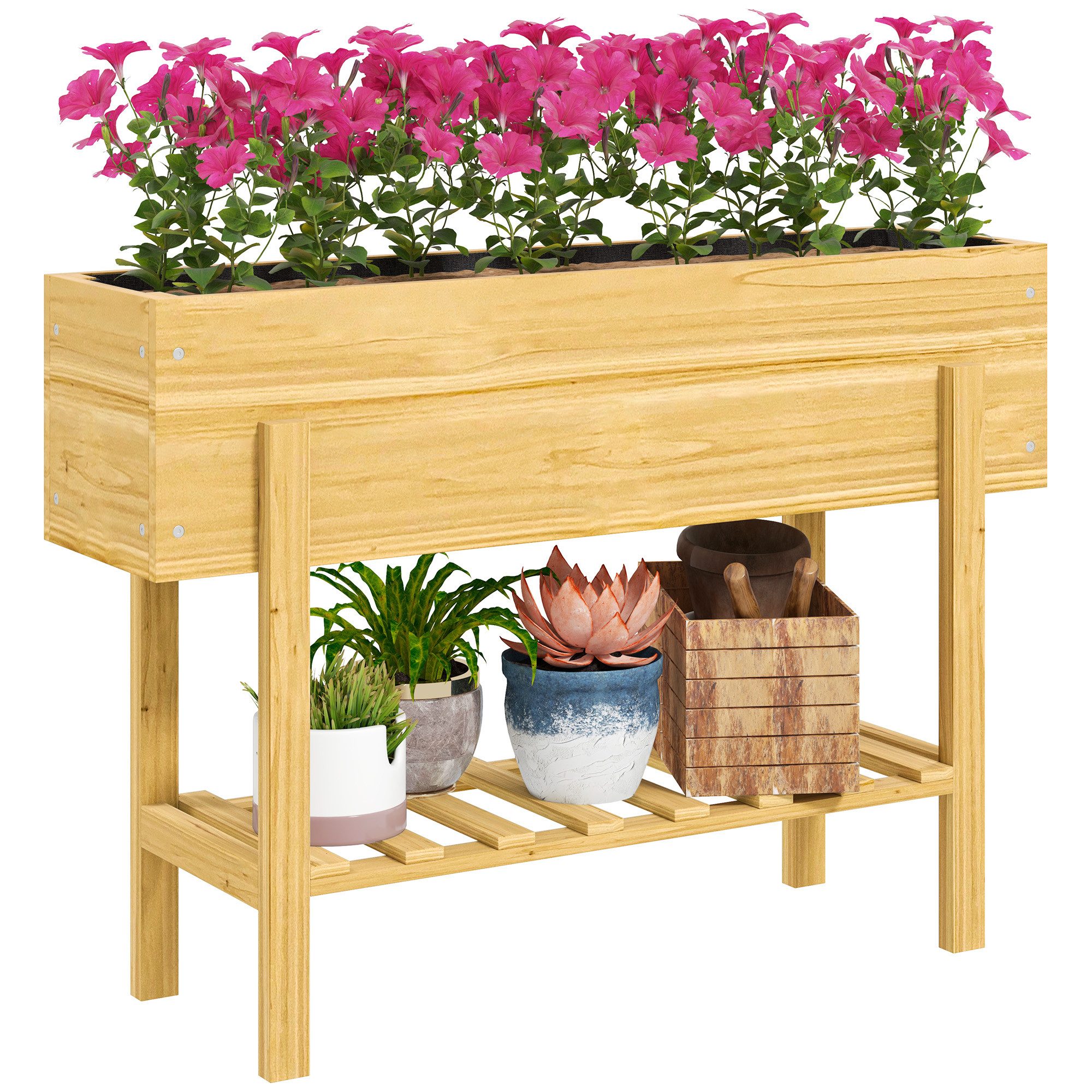 Thumbnail - Outsunny Hochbeet mit Regal, Ablauflöcher, wetterbeständig (erhöhtes Kräuterbeet, 1 St., Pflanzkasten aus Holz), für Gar...