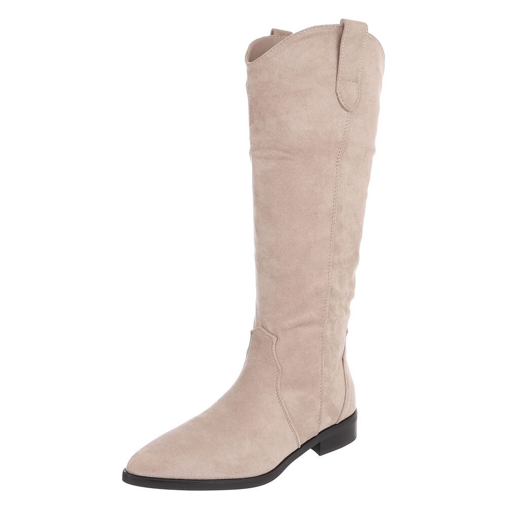 Ital-Design Damen Kniehohe Stiefel in Wildleder-Optik mit Blockabsatz Westernstiefel (92078835) Blockabsatz Flache Stiefel in Beige